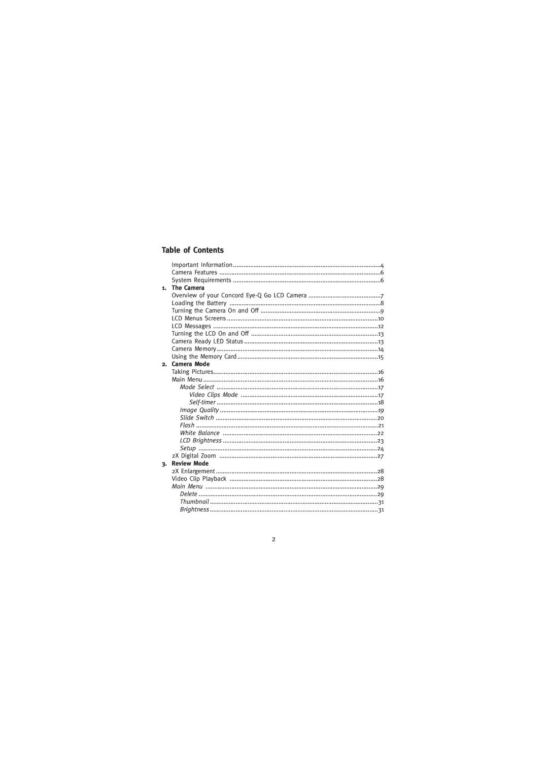 Concord Camera Eye-Q Go LCD Camera manual Table of Contents 