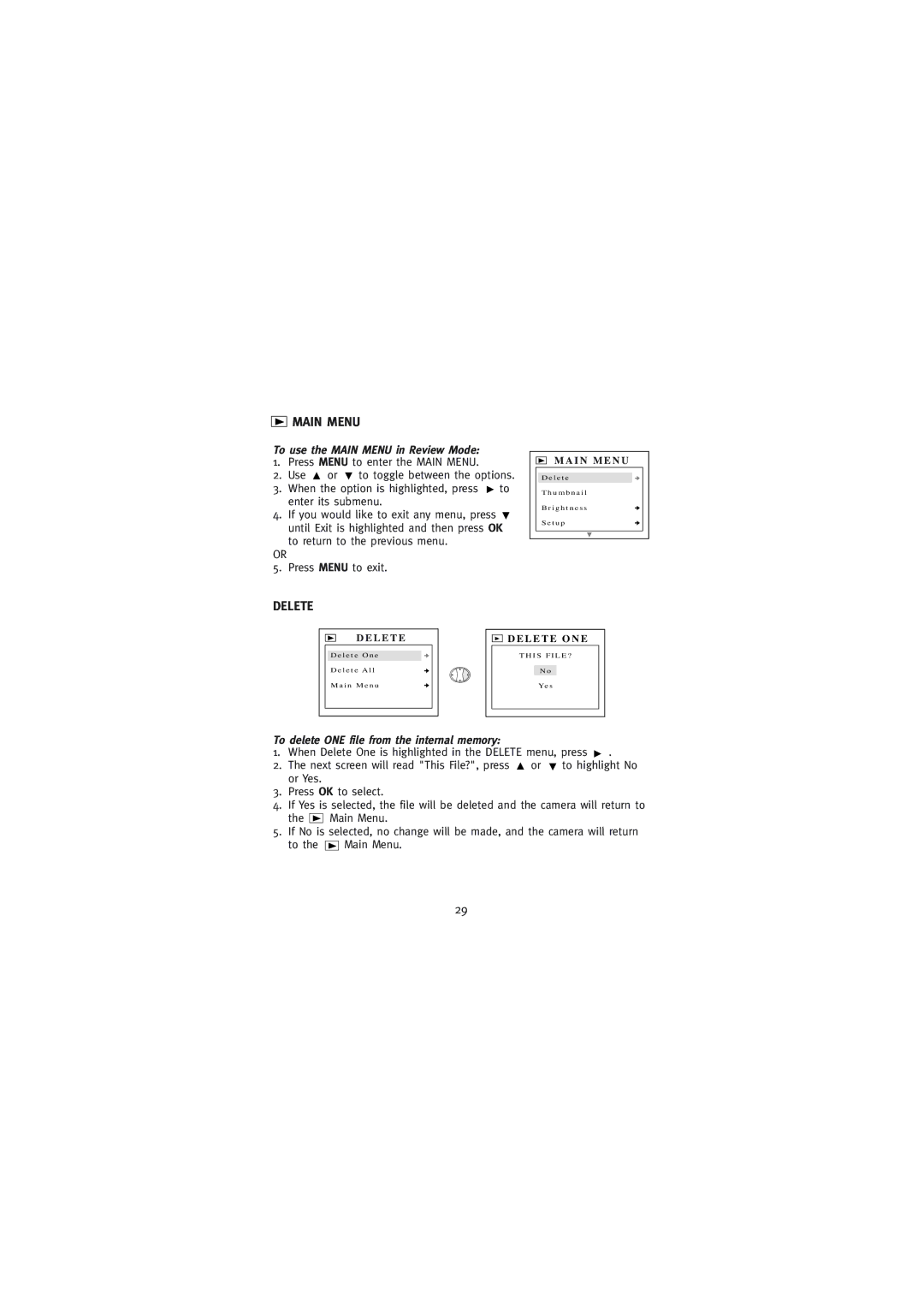 Concord Camera Eye-Q Go LCD Camera manual Delete, To use the Main Menu in Review Mode 