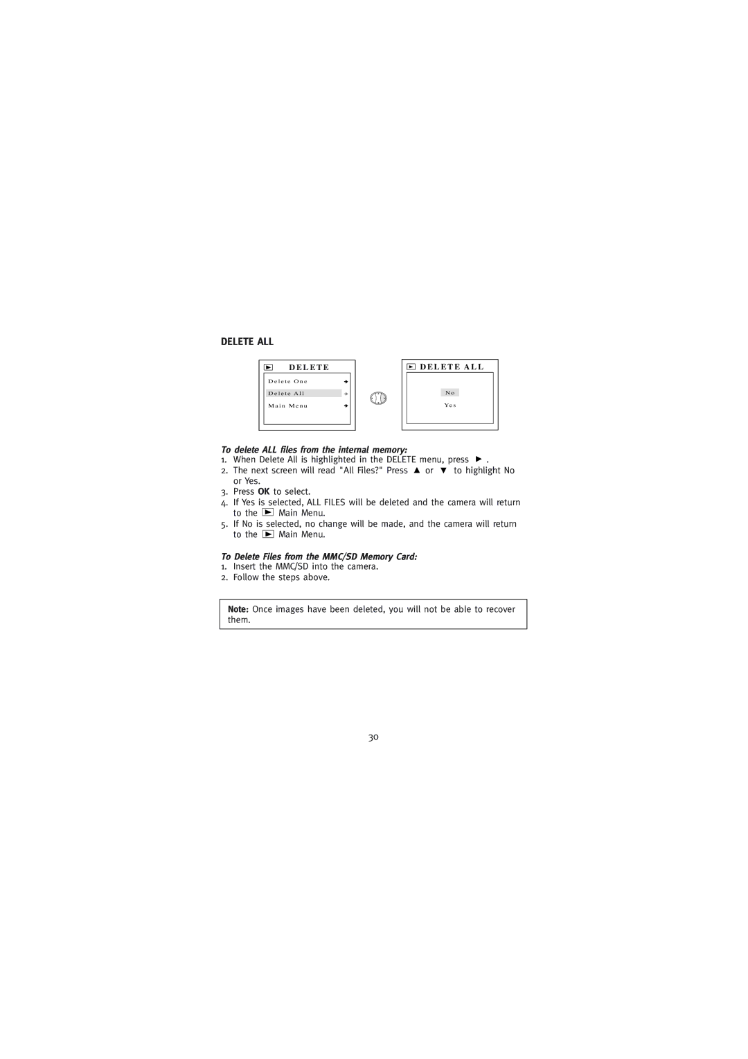 Concord Camera Eye-Q Go LCD Camera manual Delete ALL, To delete ALL files from the internal memory 