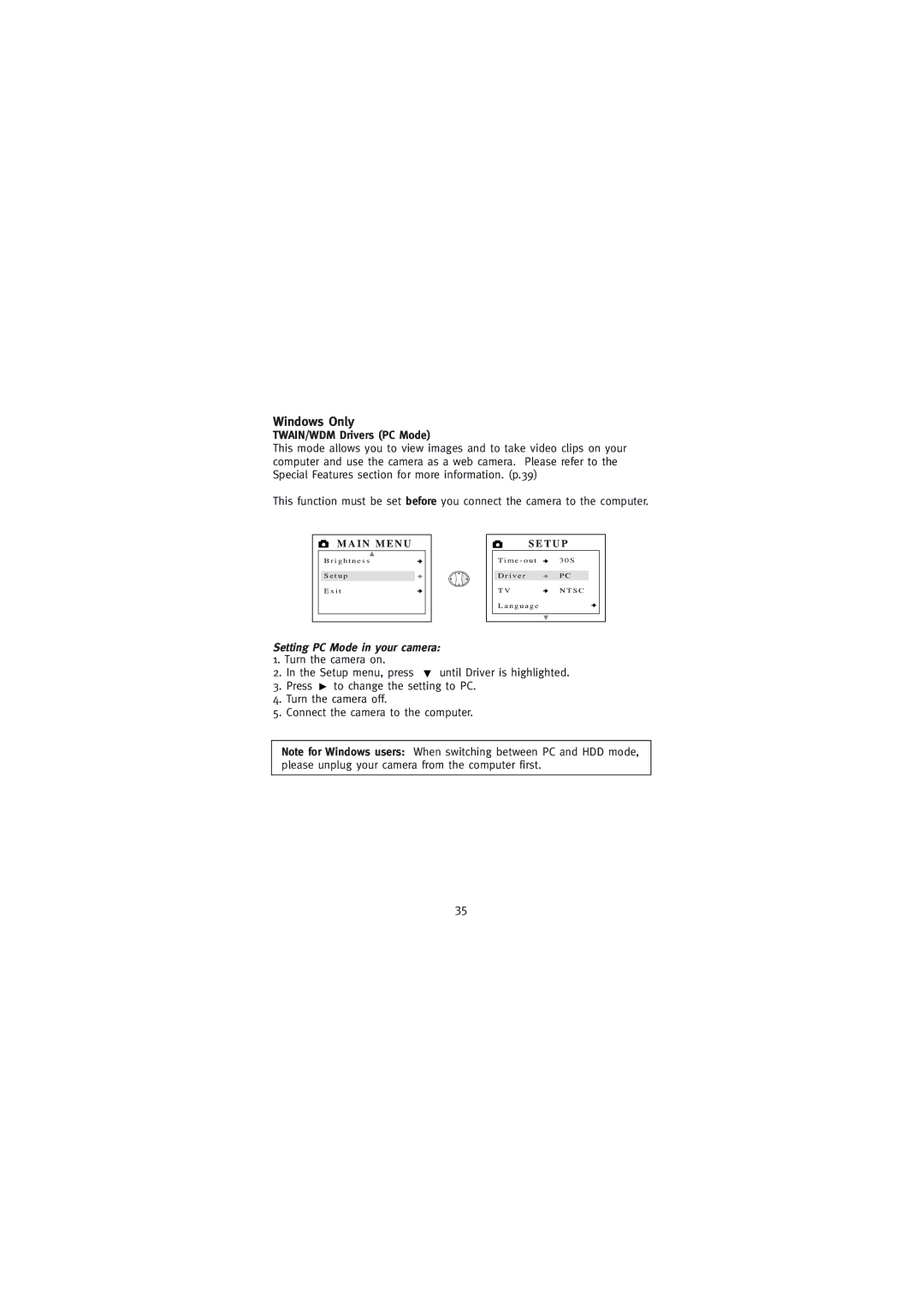 Concord Camera Eye-Q Go LCD Camera manual Windows Only, TWAIN/WDM Drivers PC Mode, Setting PC Mode in your camera 