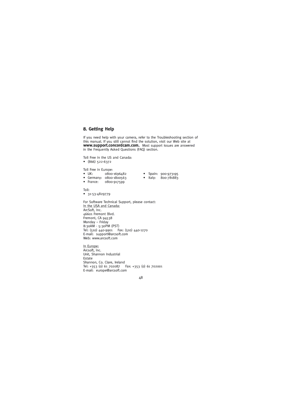 Concord Camera Eye-Q Go LCD Camera manual Getting Help 