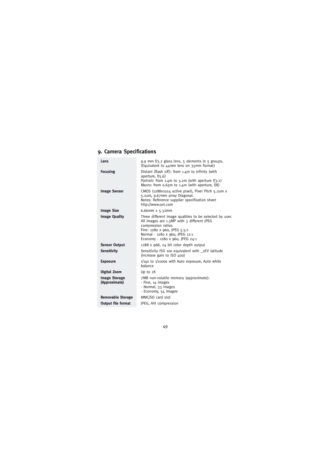 Concord Camera Eye-Q Go LCD Camera manual Camera Specifications 