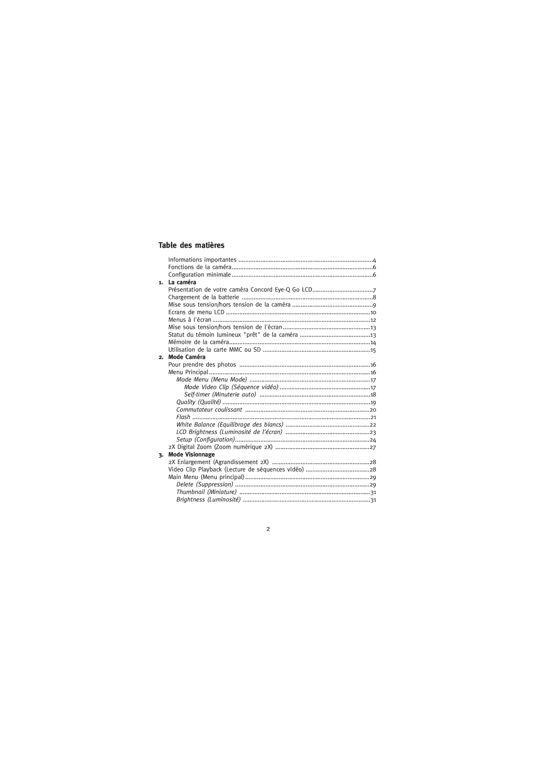 Concord Camera Eye-Q Go LCD Camera manual La caméra, Mode Caméra, Mode Visionnage 
