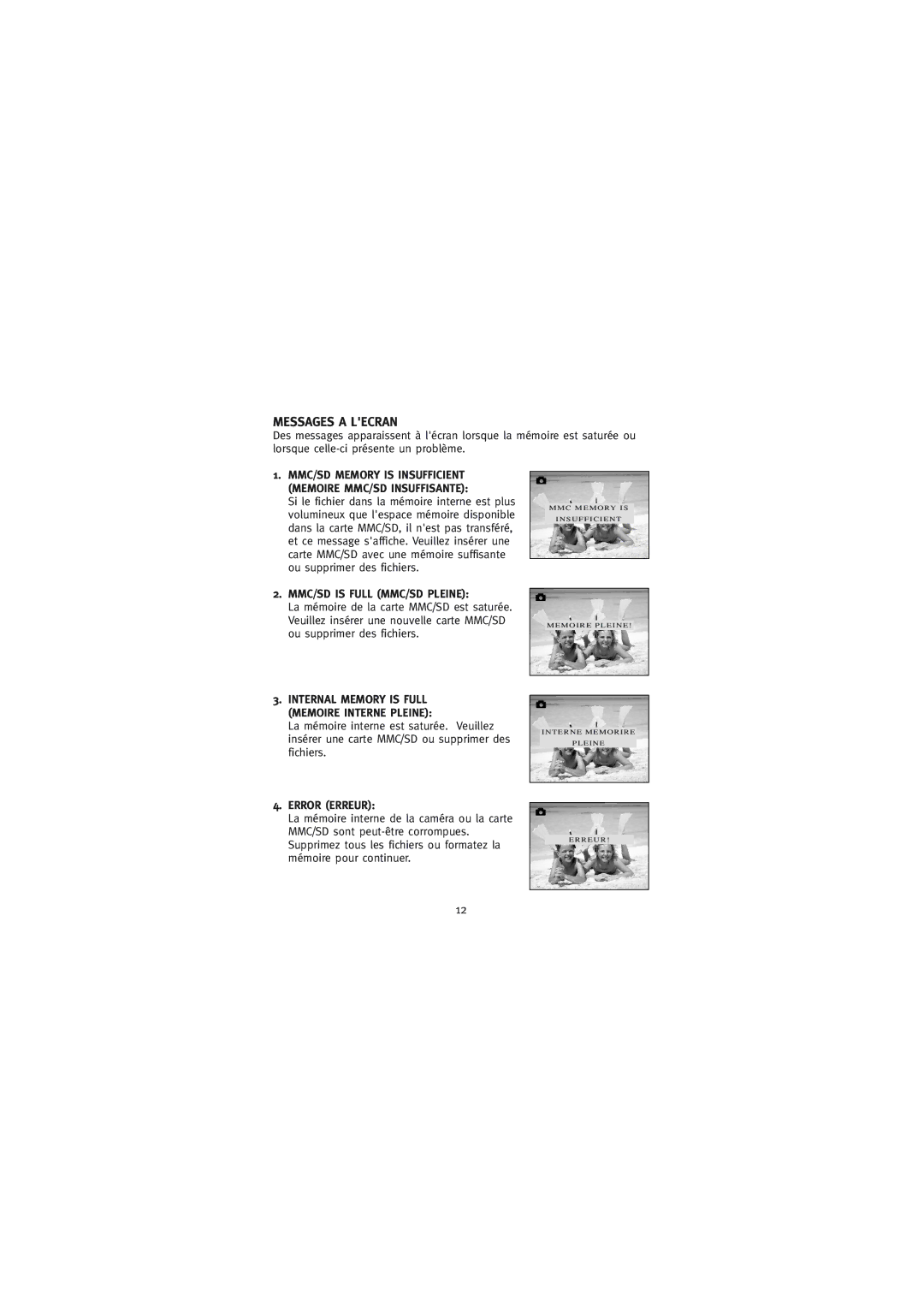 Concord Camera Eye-Q Go LCD Camera manual Messages a Lecran, MMC/SD is Full MMC/SD Pleine 