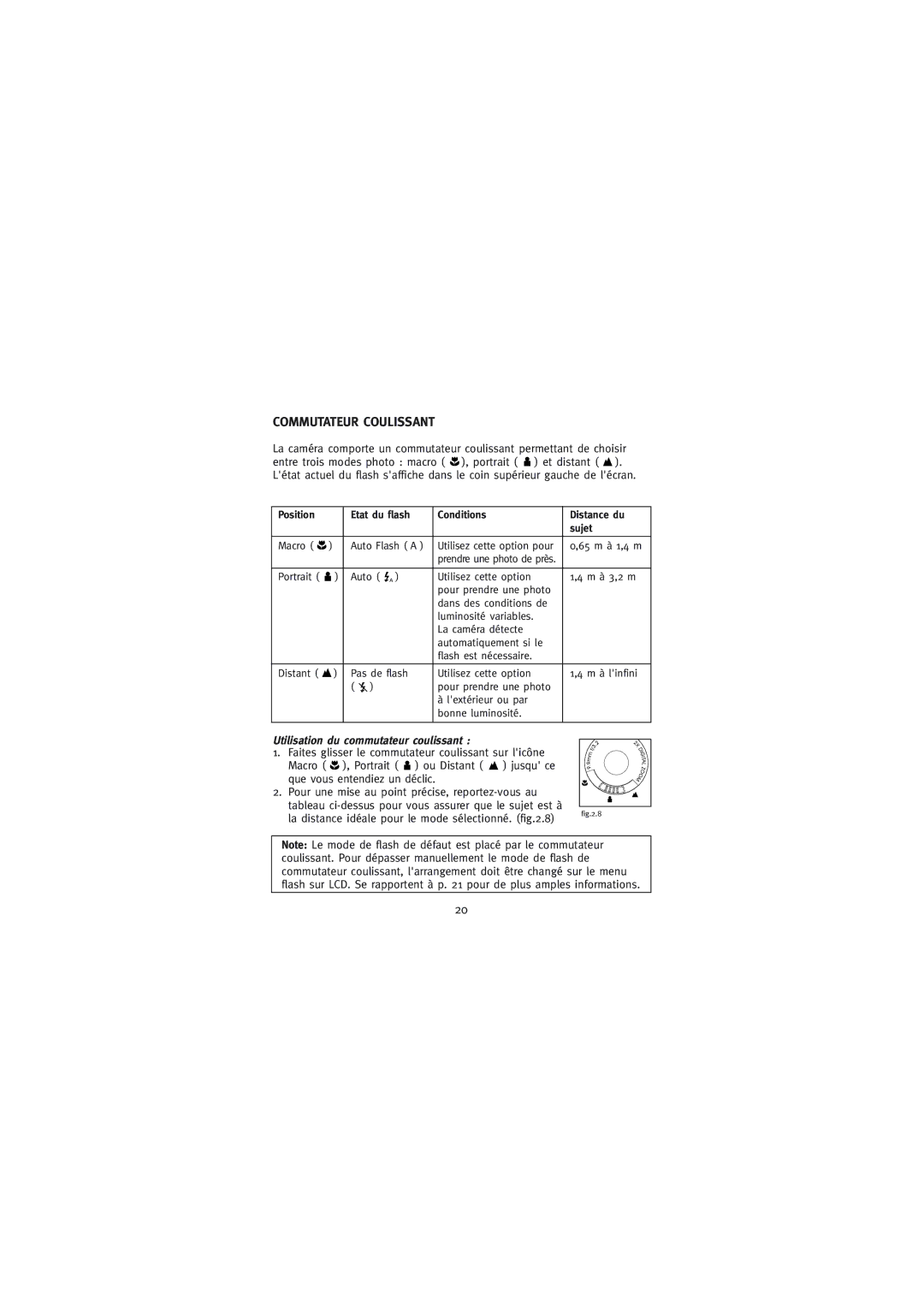 Concord Camera Eye-Q Go LCD Camera manual Commutateur Coulissant, Utilisation du commutateur coulissant 