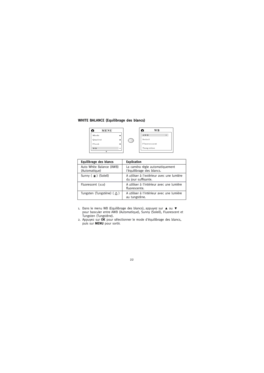 Concord Camera Eye-Q Go LCD Camera manual White Balance Equilibrage des blancs, Equilibrage des blancs Explication 