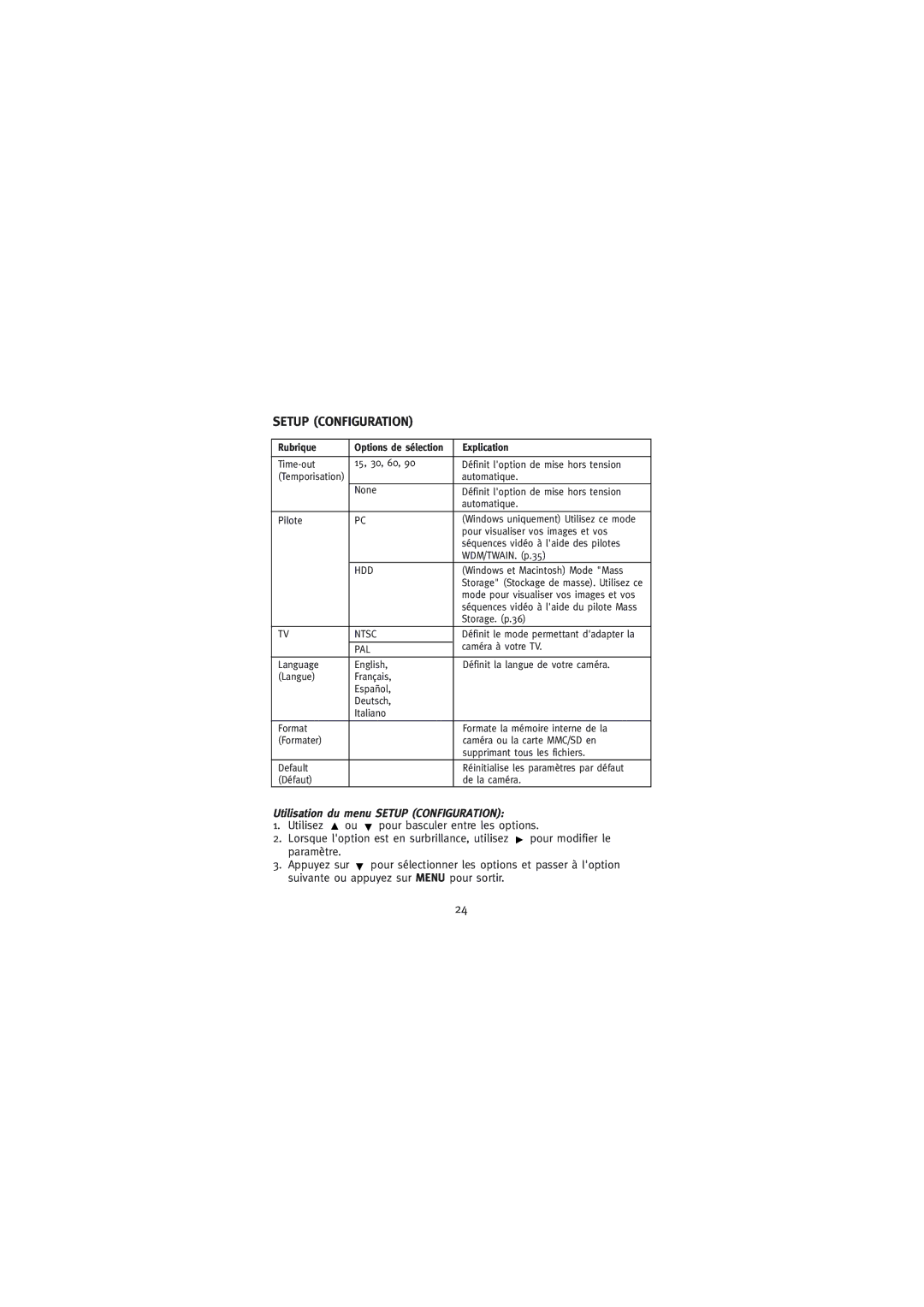 Concord Camera Eye-Q Go LCD Camera manual Utilisation du menu Setup Configuration, Rubrique, Explication 