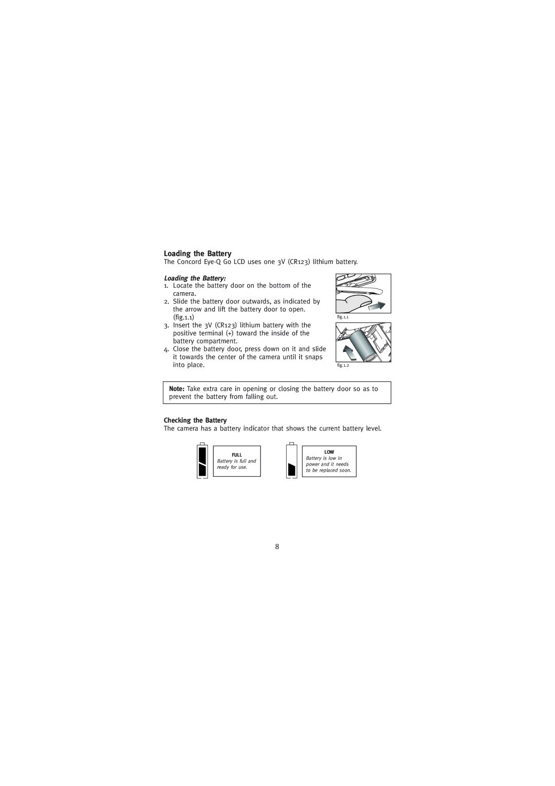 Concord Camera Eye-Q Go LCD Camera manual Loading the Battery, Checking the Battery 