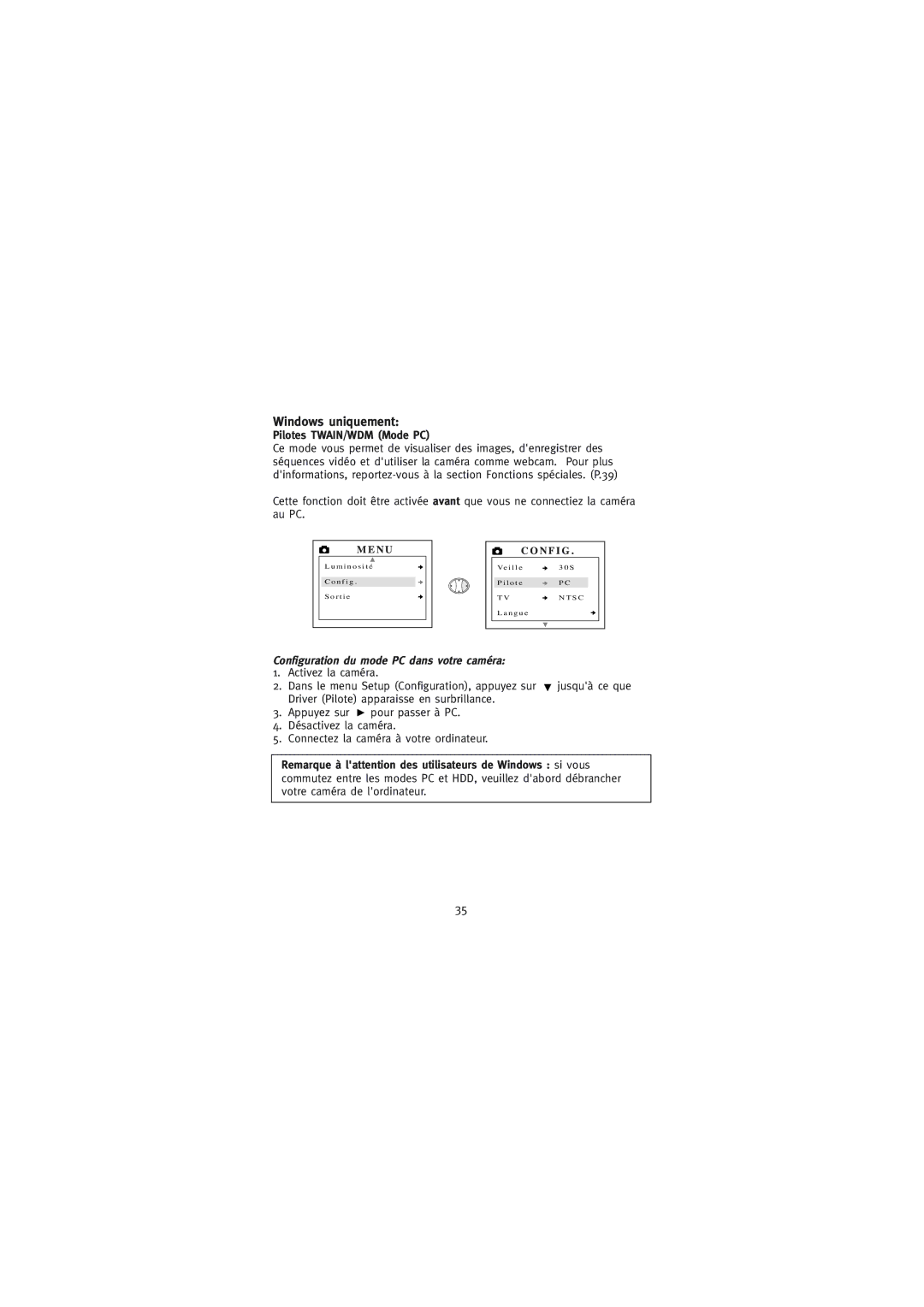 Concord Camera Eye-Q Go LCD Camera manual Windows uniquement, Pilotes TWAIN/WDM Mode PC 