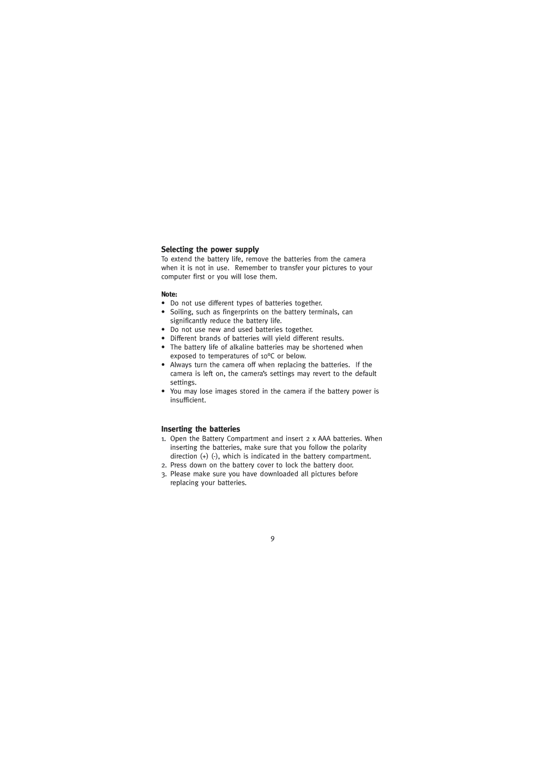 Concord Camera Eye-Q Mini manual Selecting the power supply, Inserting the batteries 