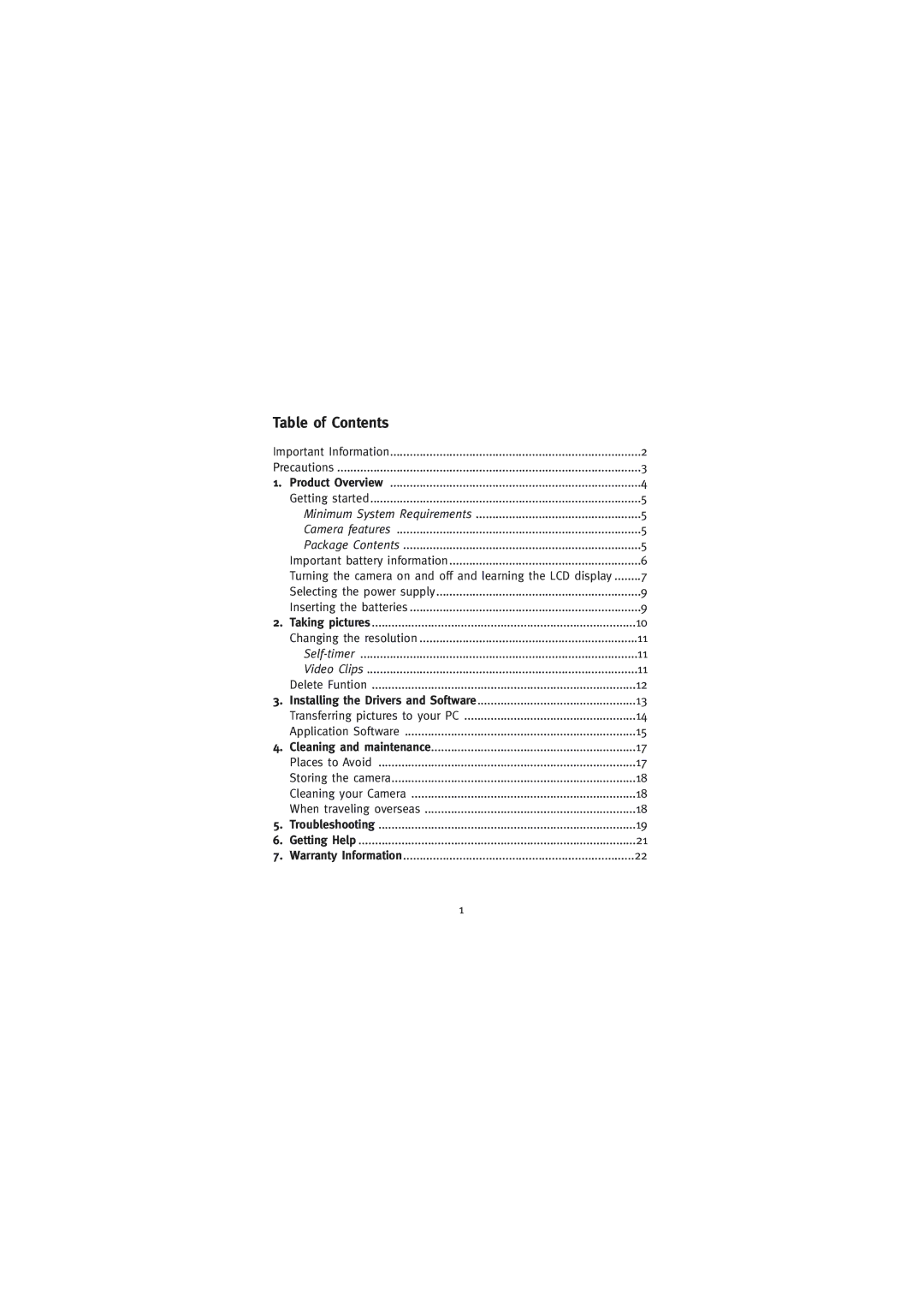 Concord Camera Eye-Q Mini manual Table of Contents 