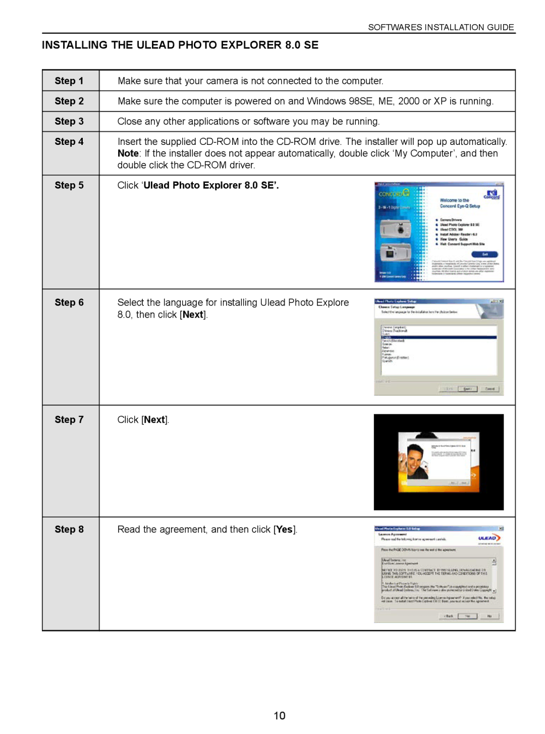 Concord Camera Eye-Q manual Installing the Ulead Photo Explorer 8.0 SE, Step Click ‘Ulead Photo Explorer 8.0 SE’ 