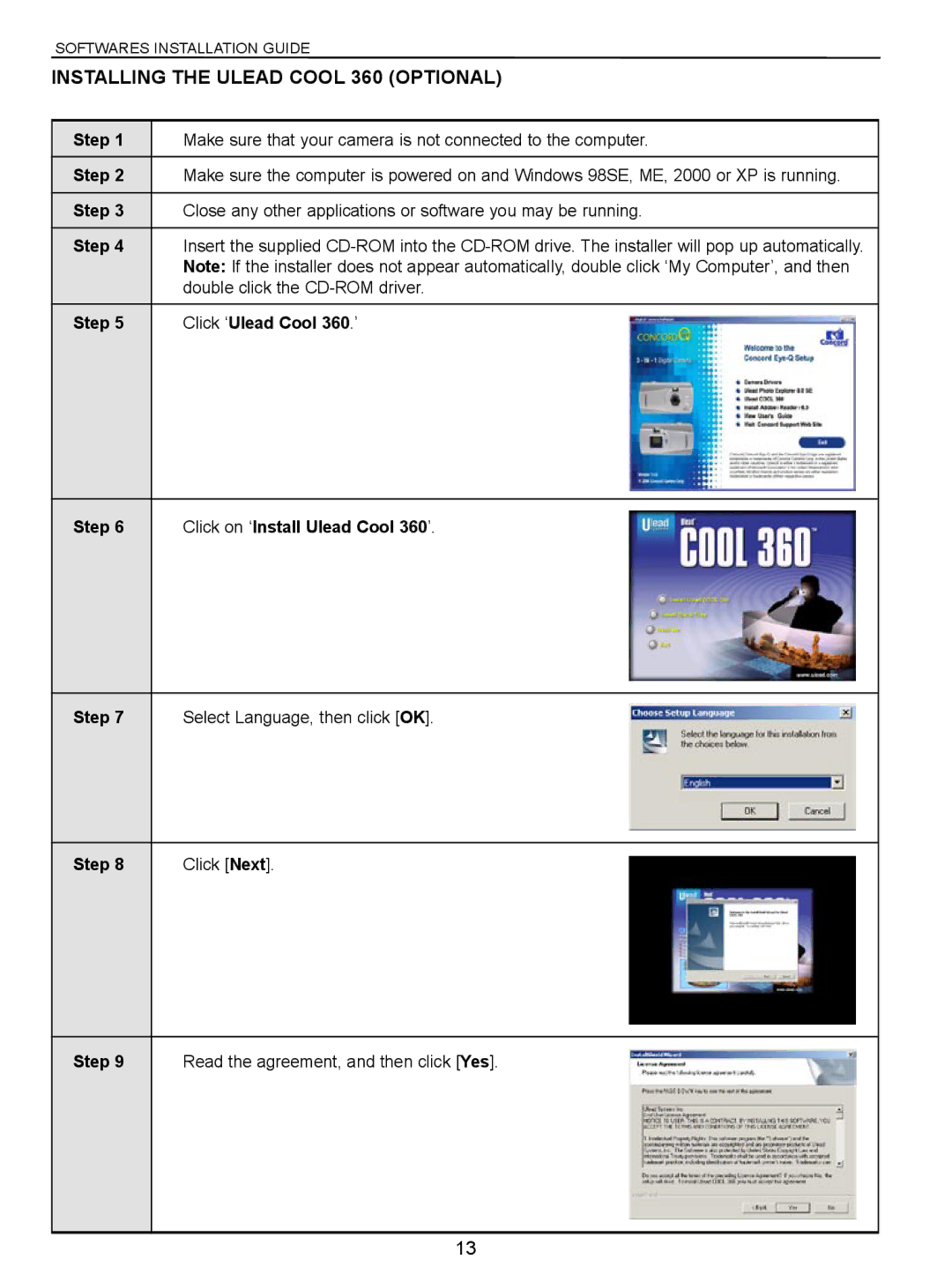 Concord Camera Eye-Q manual Installing the Ulead Cool 360 Optional, Select Language, then click OK 