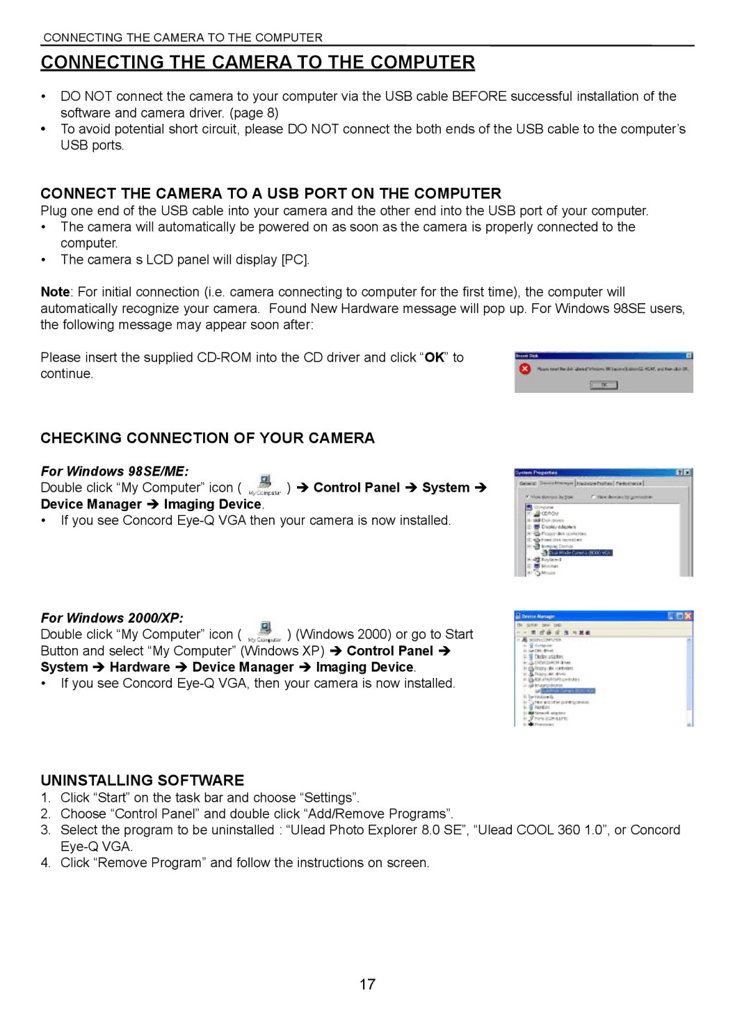 Concord Camera Eye-Q manual Connecting the Camera to the Computer, Connect the Camera to a USB Port on the Computer 