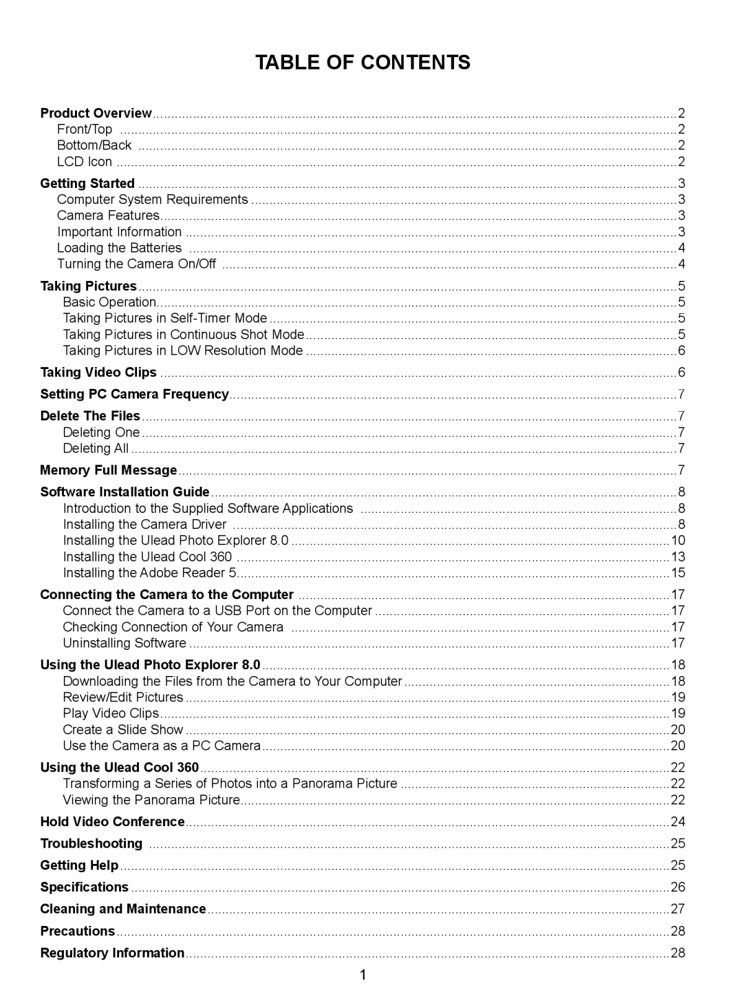 Concord Camera Eye-Q manual Table of Contents 