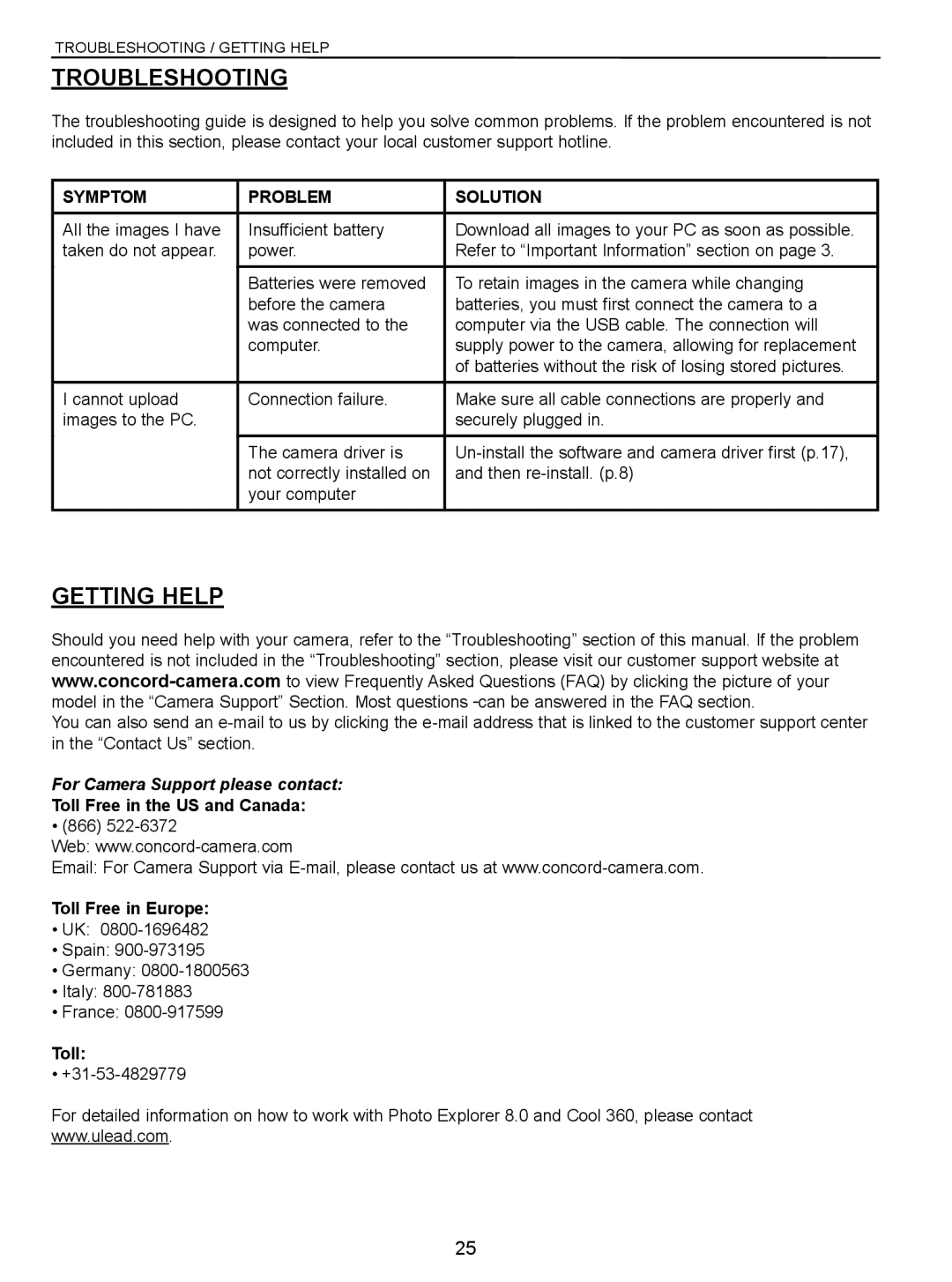 Concord Camera Eye-Q manual Troubleshooting, Getting Help, For Camera Support please contact 