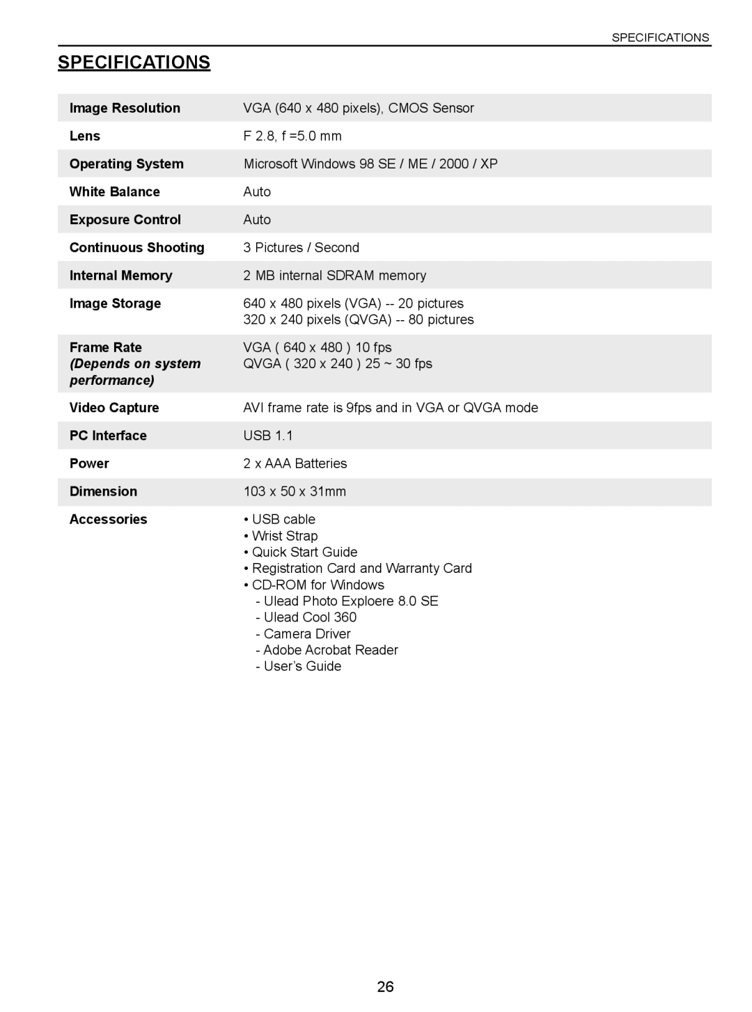 Concord Camera Eye-Q manual Specifications, Depends on system, Performance 