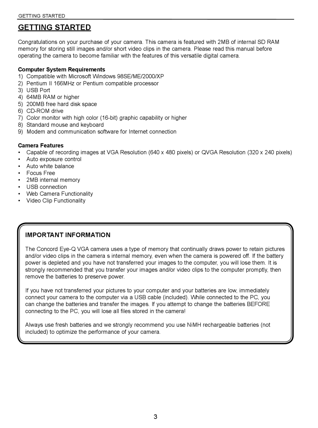 Concord Camera Eye-Q manual Getting Started, Important Information, Computer System Requirements, Camera Features 