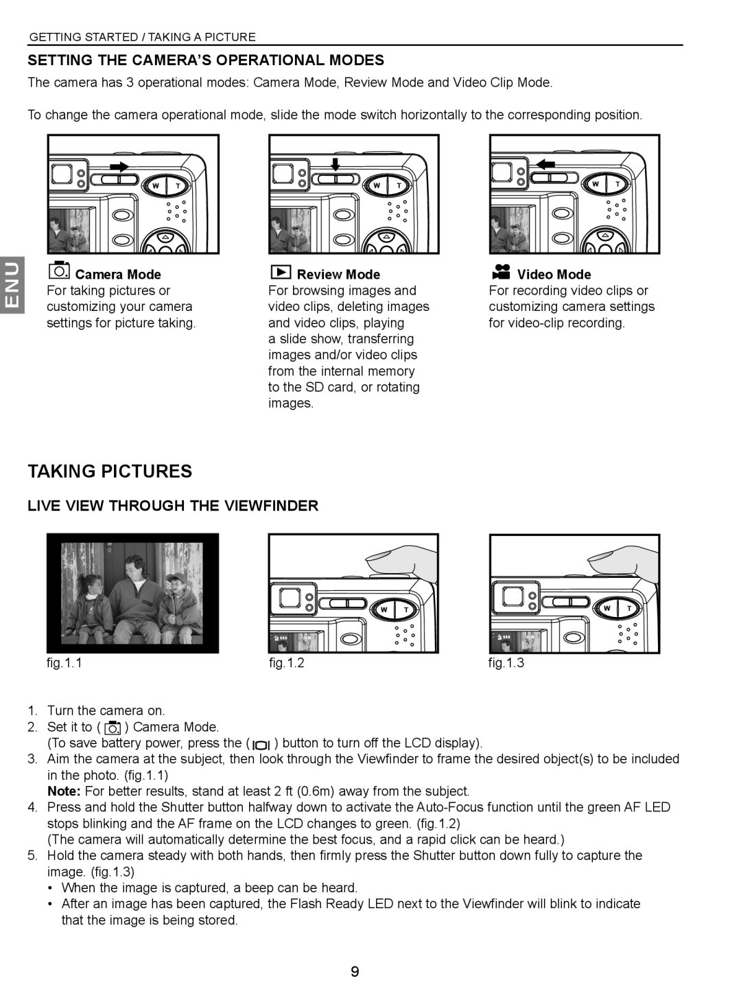 Concord Camera JD C3.1z3 manual Taking Pictures, Setting the CAMERA’S Operational Modes, Live View Through the Viewfinder 