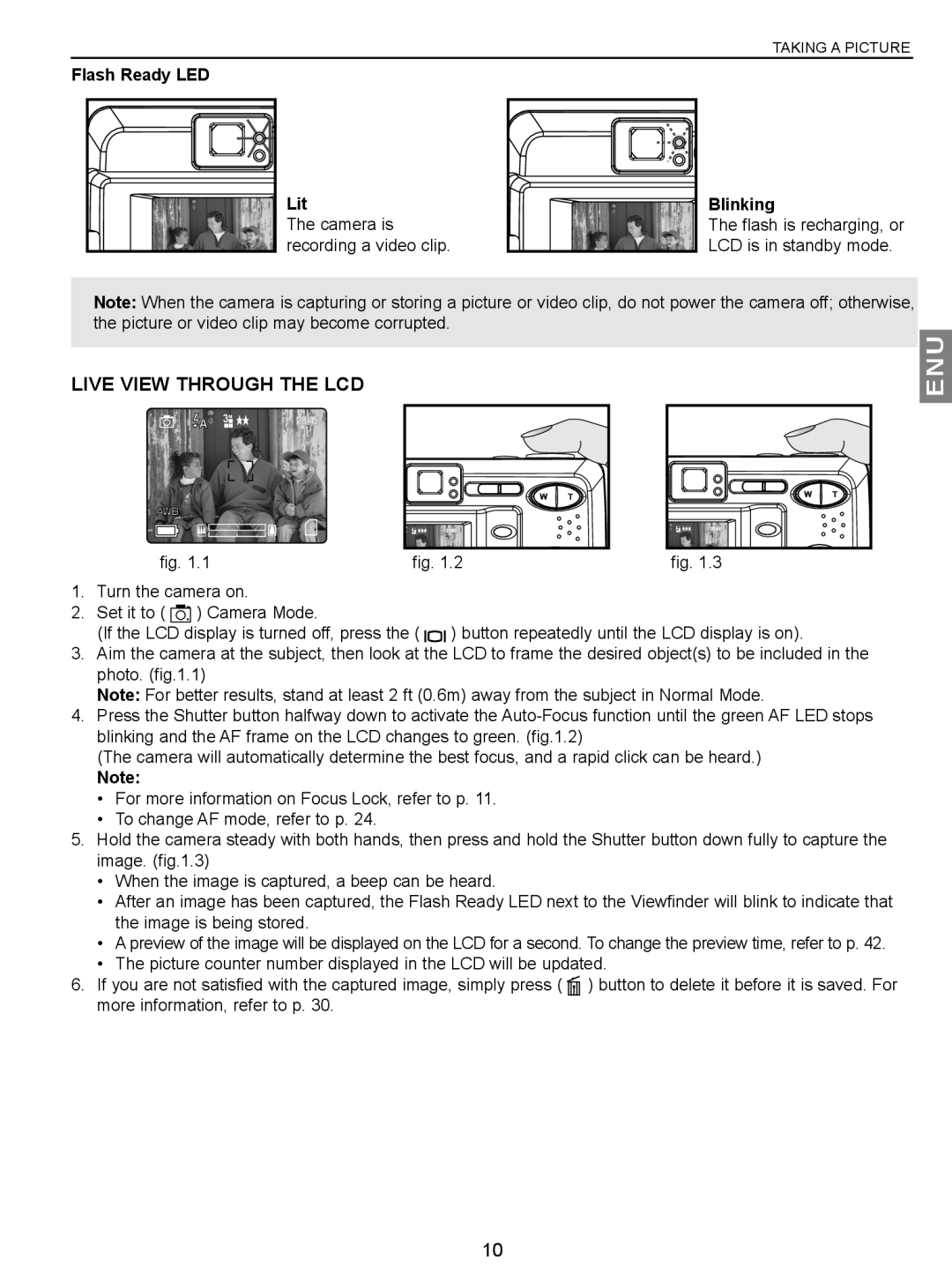 Concord Camera JD C3.1z3 manual Live View Through the LCD, Flash Ready LED Lit, Blinking 