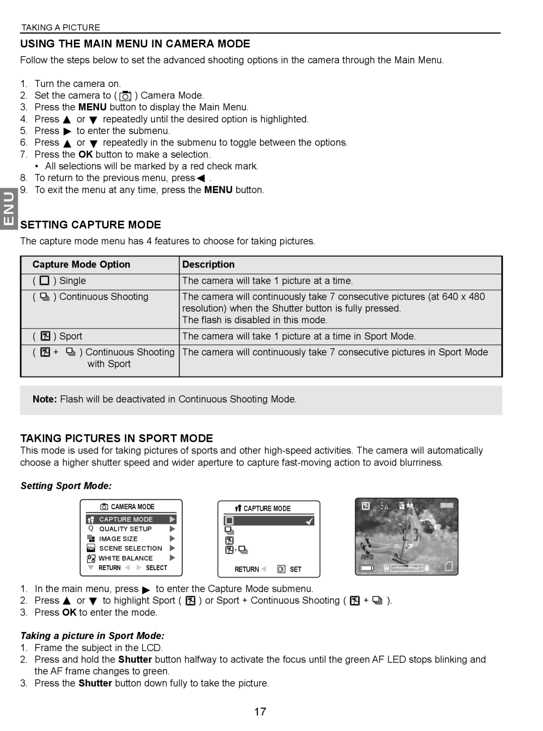 Concord Camera JD C3.1z3 manual Setting Capture Mode, Taking Pictures in Sport Mode, Capture Mode Option Description 