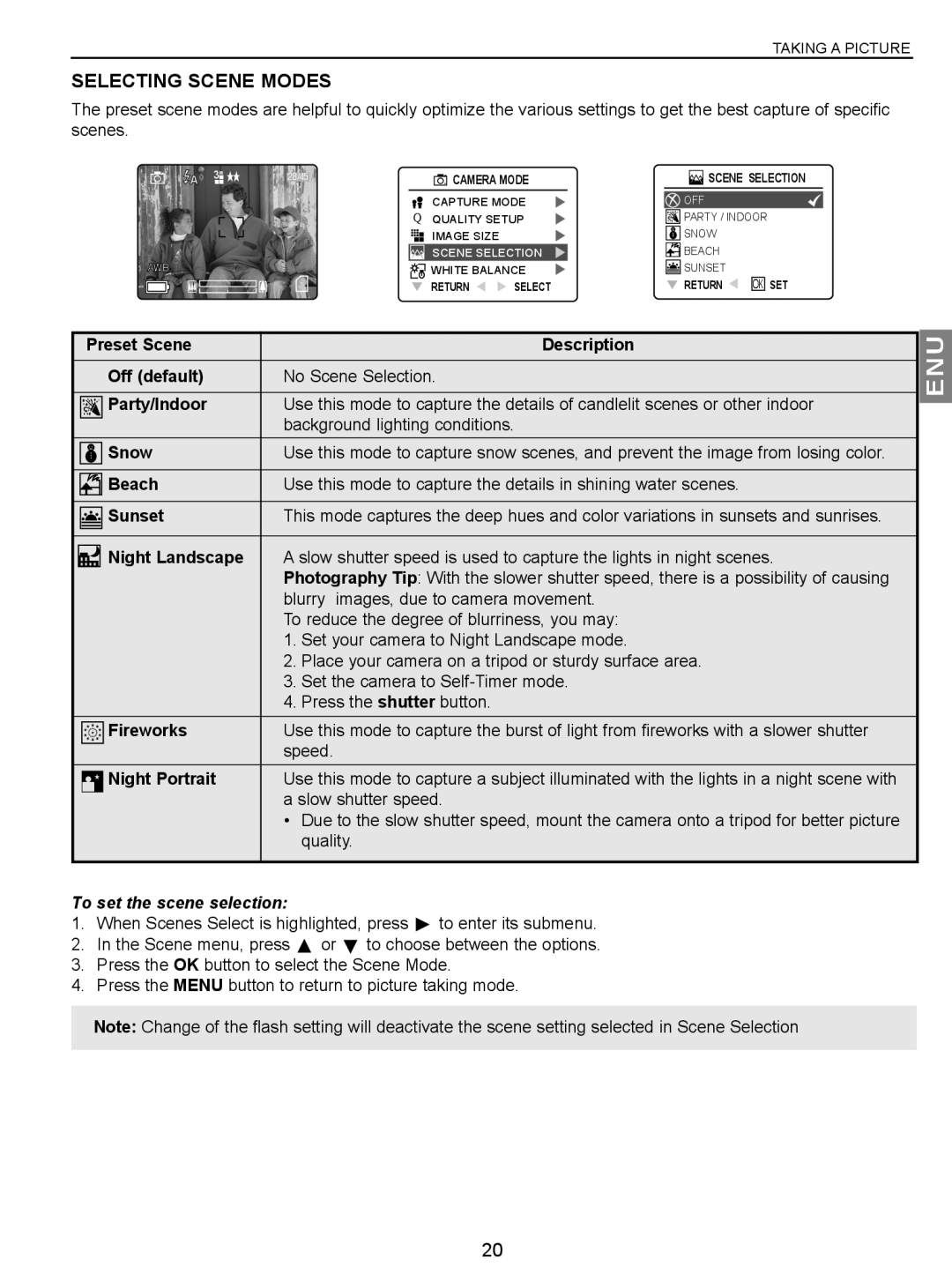 Concord Camera JD C3.1z3 manual Selecting Scene Modes, To set the scene selection 