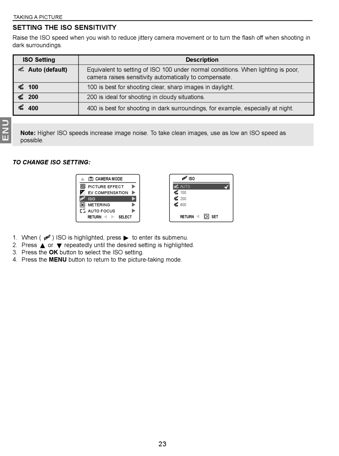 Concord Camera JD C3.1z3 manual Setting the ISO Sensitivity, ISO Setting Description Auto default 