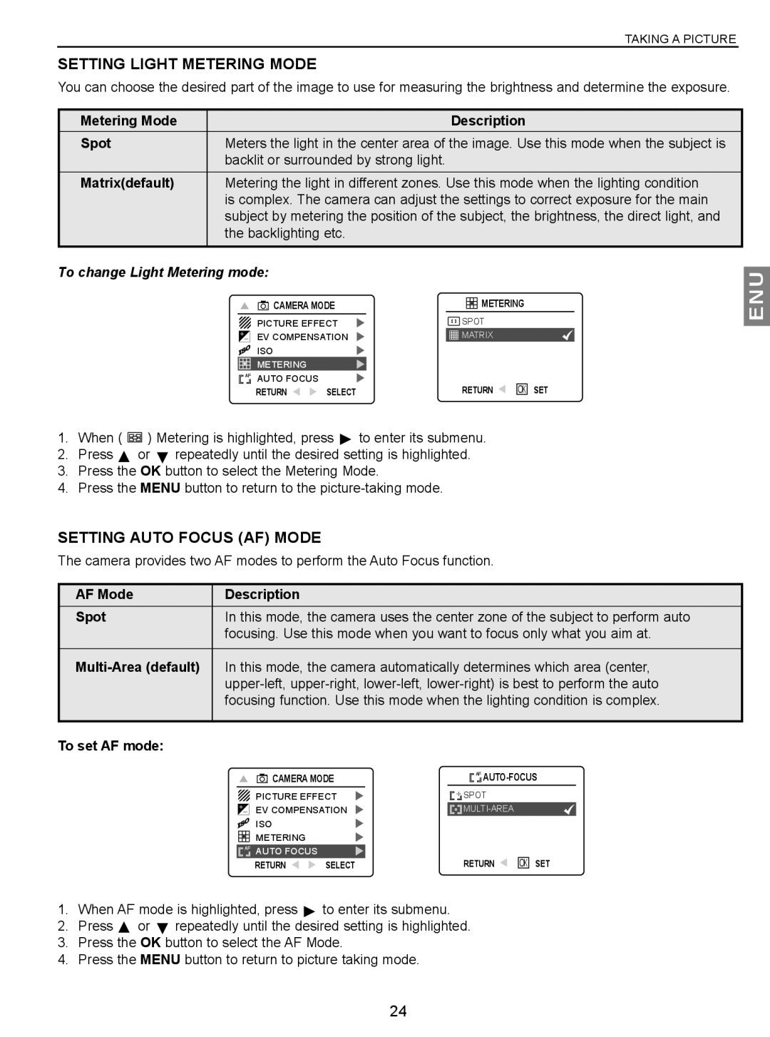 Concord Camera JD C3.1z3 manual Setting Light Metering Mode, Setting Auto Focus AF Mode, To change Light Metering mode 