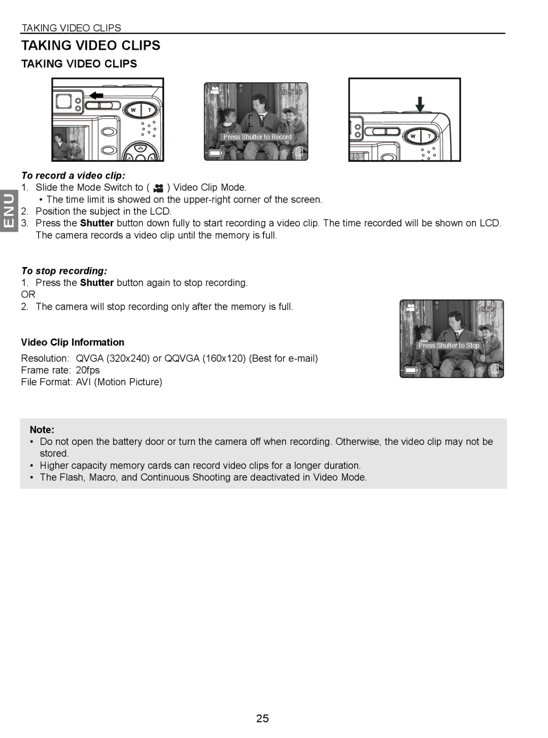 Concord Camera JD C3.1z3 manual Taking Video Clips, To record a video clip, To stop recording, Video Clip Information 