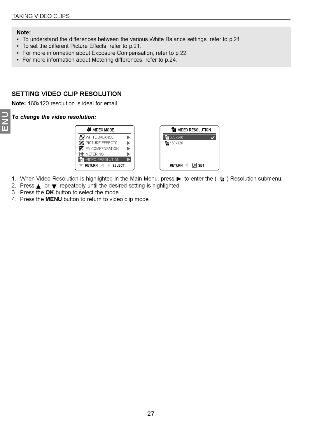 Concord Camera JD C3.1z3 manual Setting Video Clip Resolution, To change the video resolution 