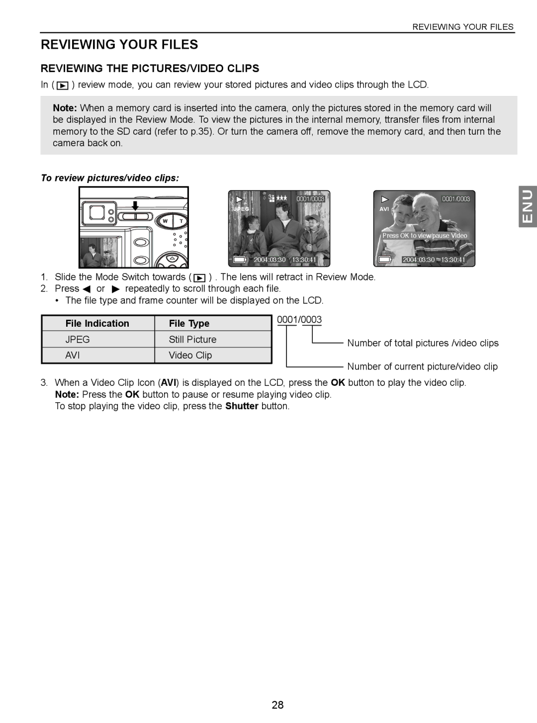 Concord Camera JD C3.1z3 manual Reviewing Your Files, Reviewing the PICTURES/VIDEO Clips, To review pictures/video clips 