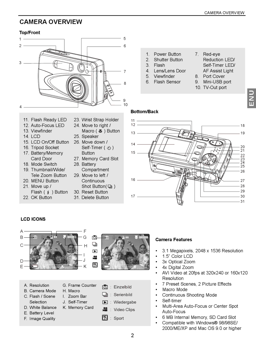 Concord Camera JD C3.1z3 manual Camera Overview, Top/Front, Bottom/Back, LCD Icons 