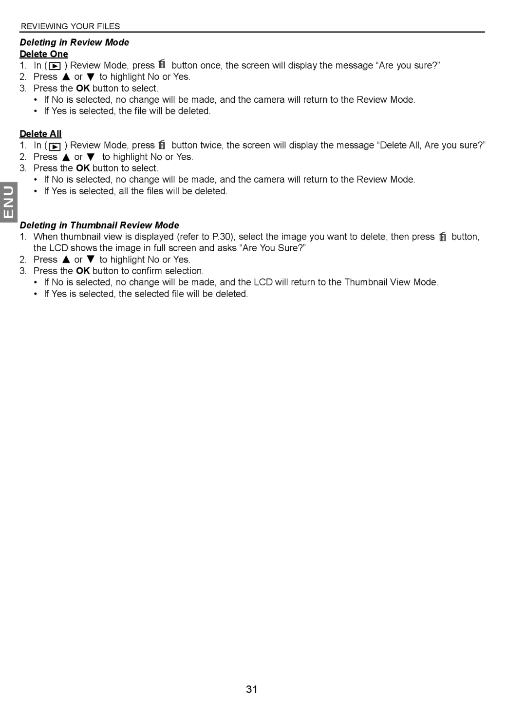 Concord Camera JD C3.1z3 manual Deleting in Review Mode, Delete One, Delete All, Deleting in Thumbnail Review Mode 