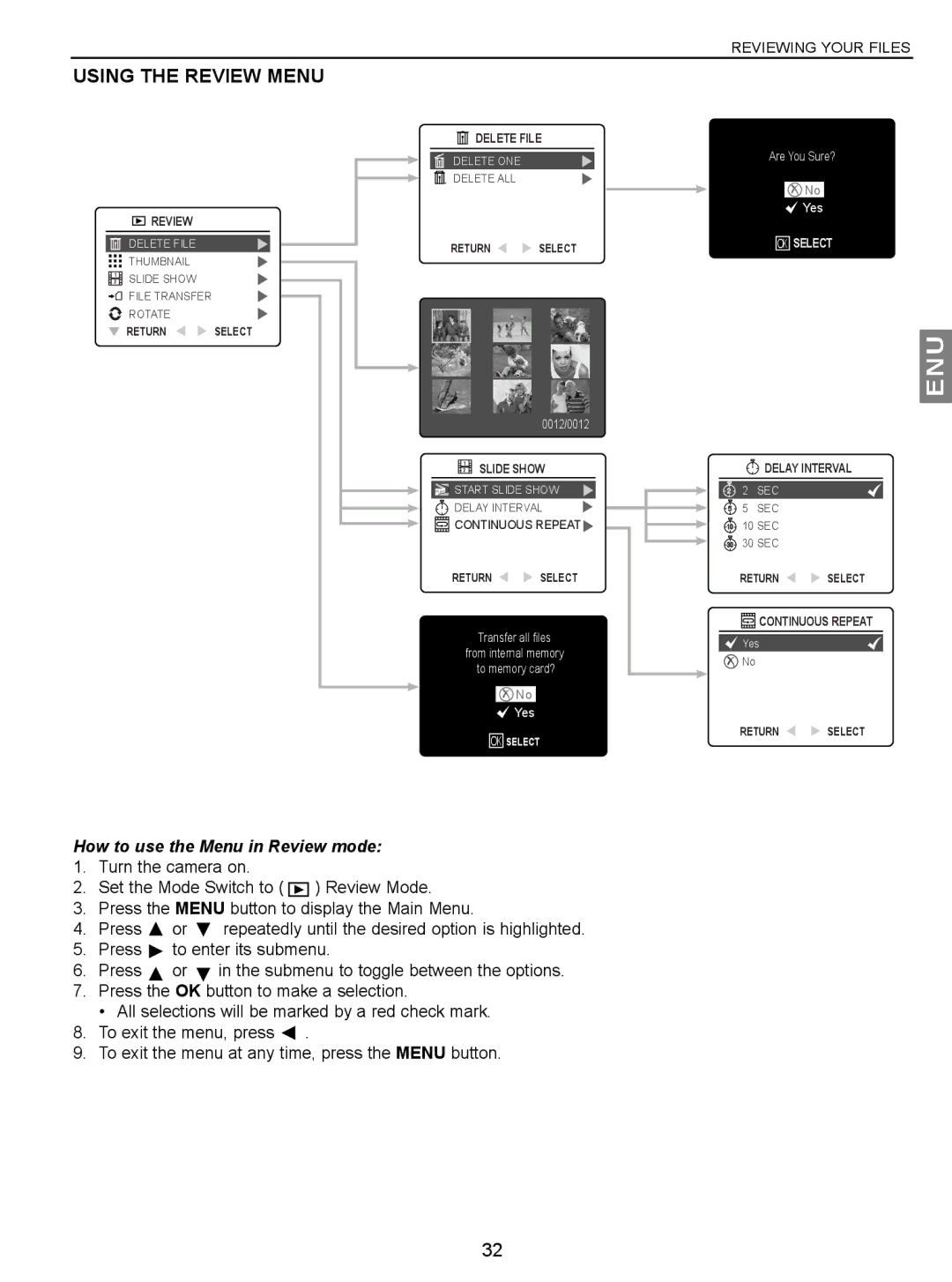 Concord Camera JD C3.1z3 manual Using the Review Menu, How to use the Menu in Review mode 