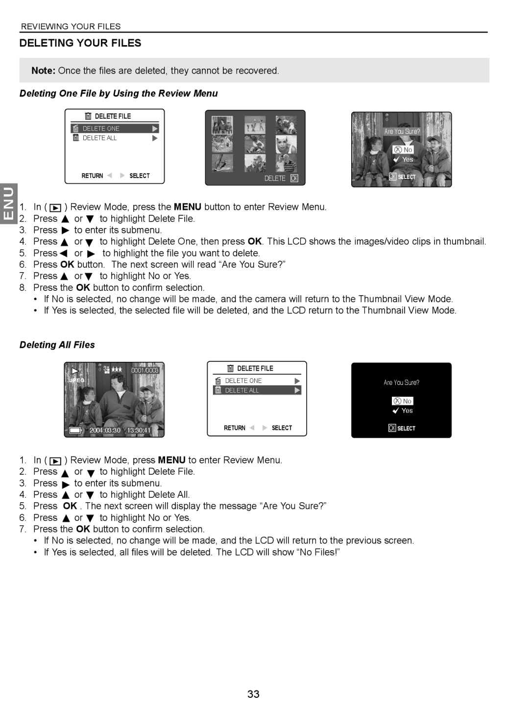 Concord Camera JD C3.1z3 manual Deleting Your Files, Deleting One File by Using the Review Menu, Deleting All Files 