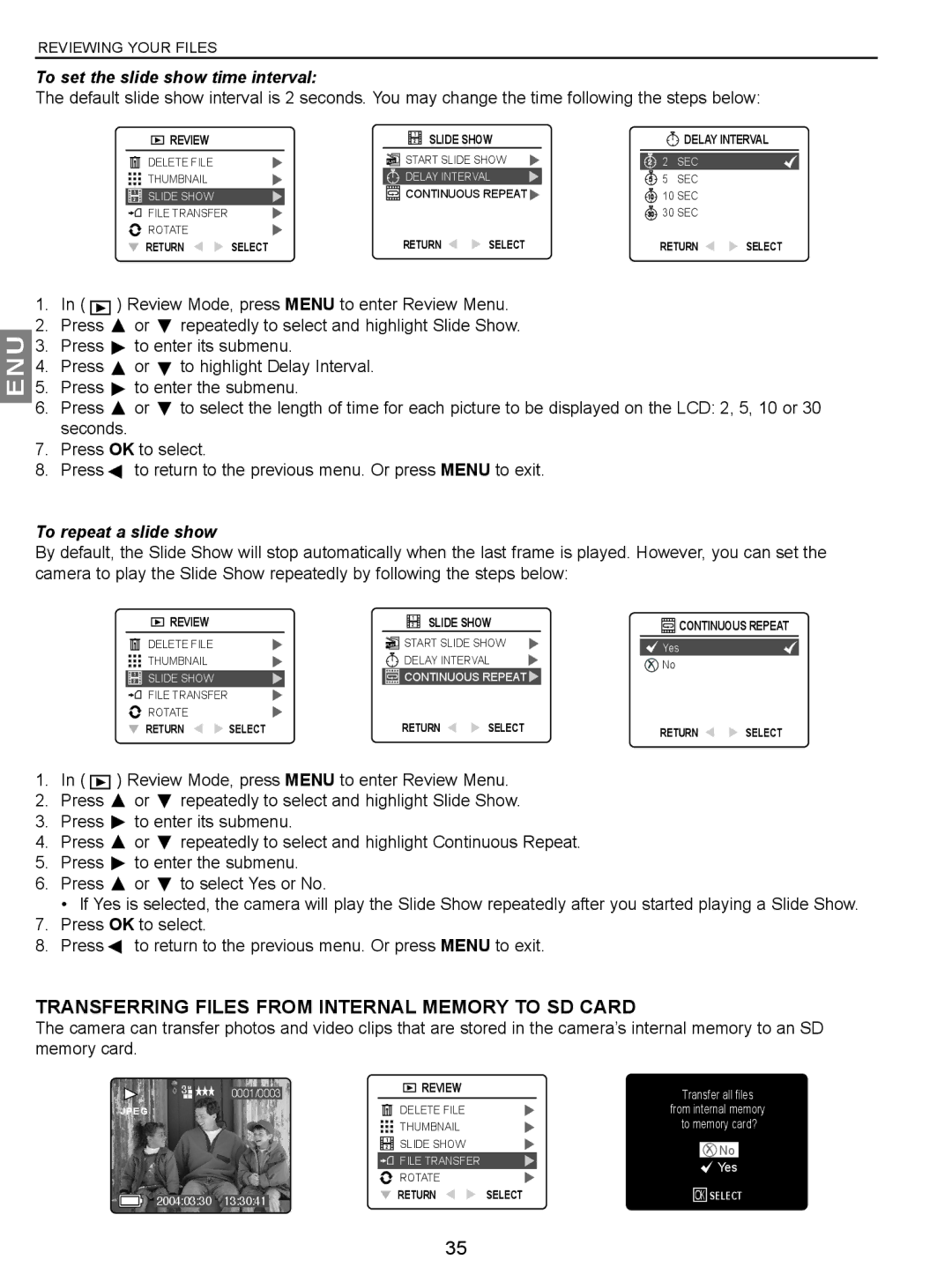 Concord Camera JD C3.1z3 manual Transferring Files from Internal Memory to SD Card, To set the slide show time interval 