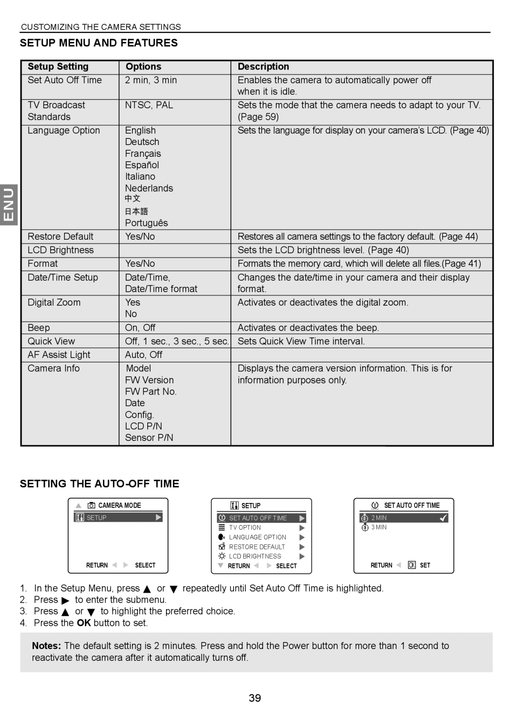 Concord Camera JD C3.1z3 manual Setup Menu and Features, Setting the AUTO-OFF Time, Setup Setting Options Description 