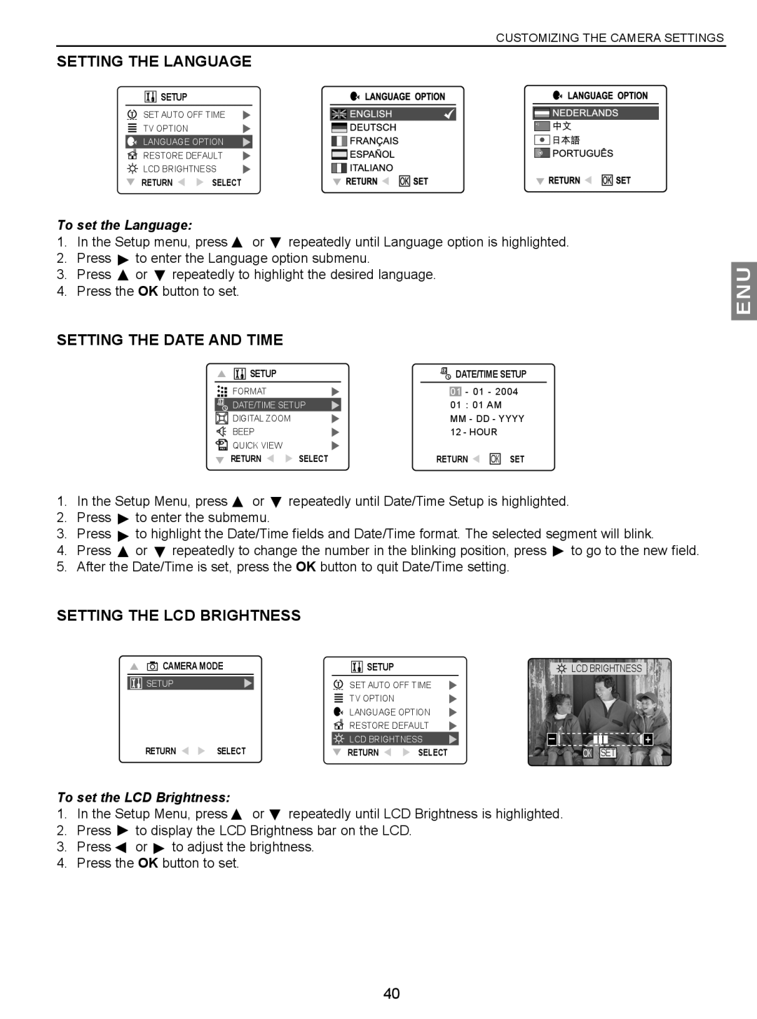 Concord Camera JD C3.1z3 Setting the Language, Setting the Date and Time, Setting the LCD Brightness, To set the Language 