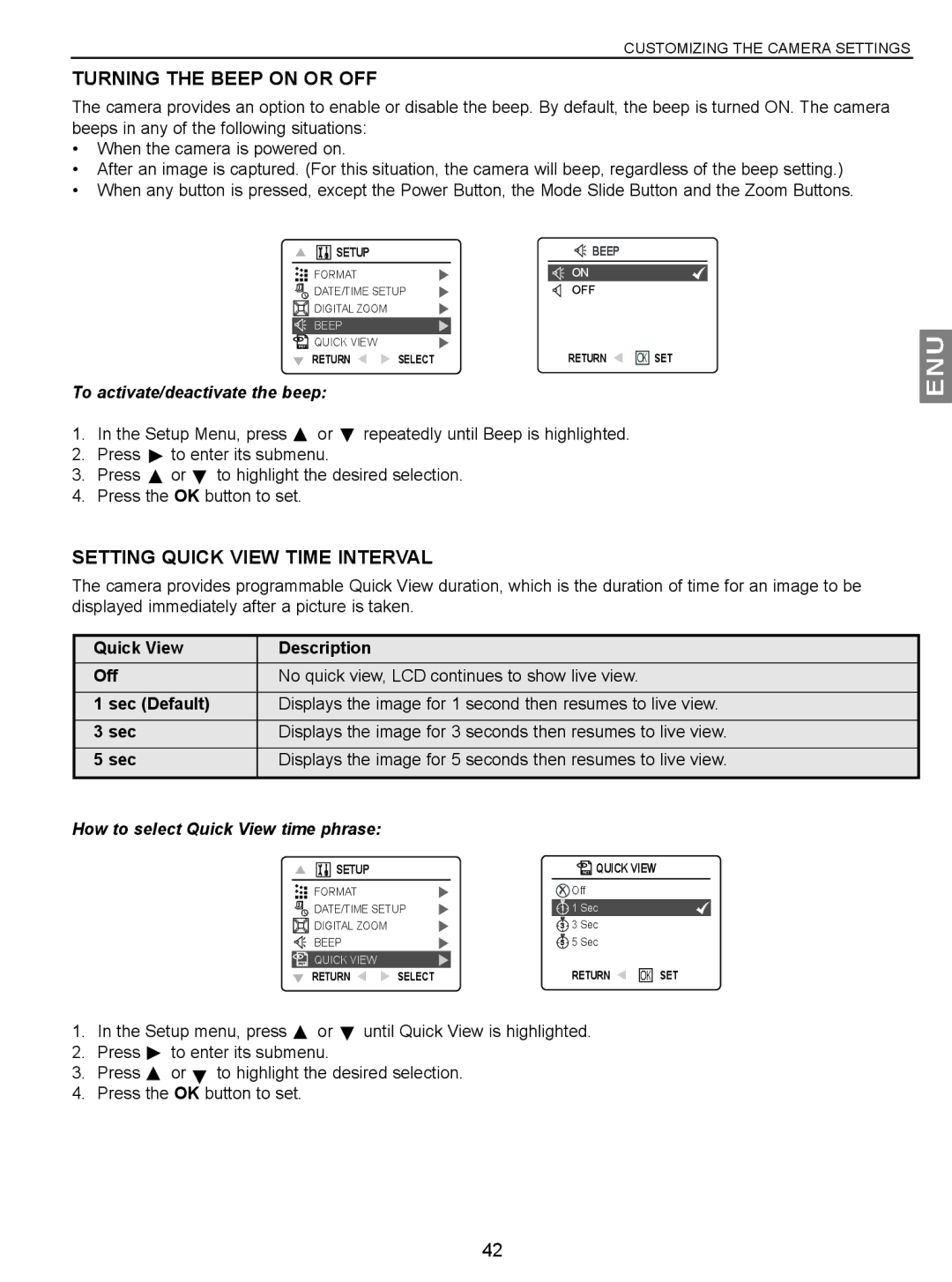 Concord Camera JD C3.1z3 Turning the Beep on or OFF, Setting Quick View Time Interval, To activate/deactivate the beep 