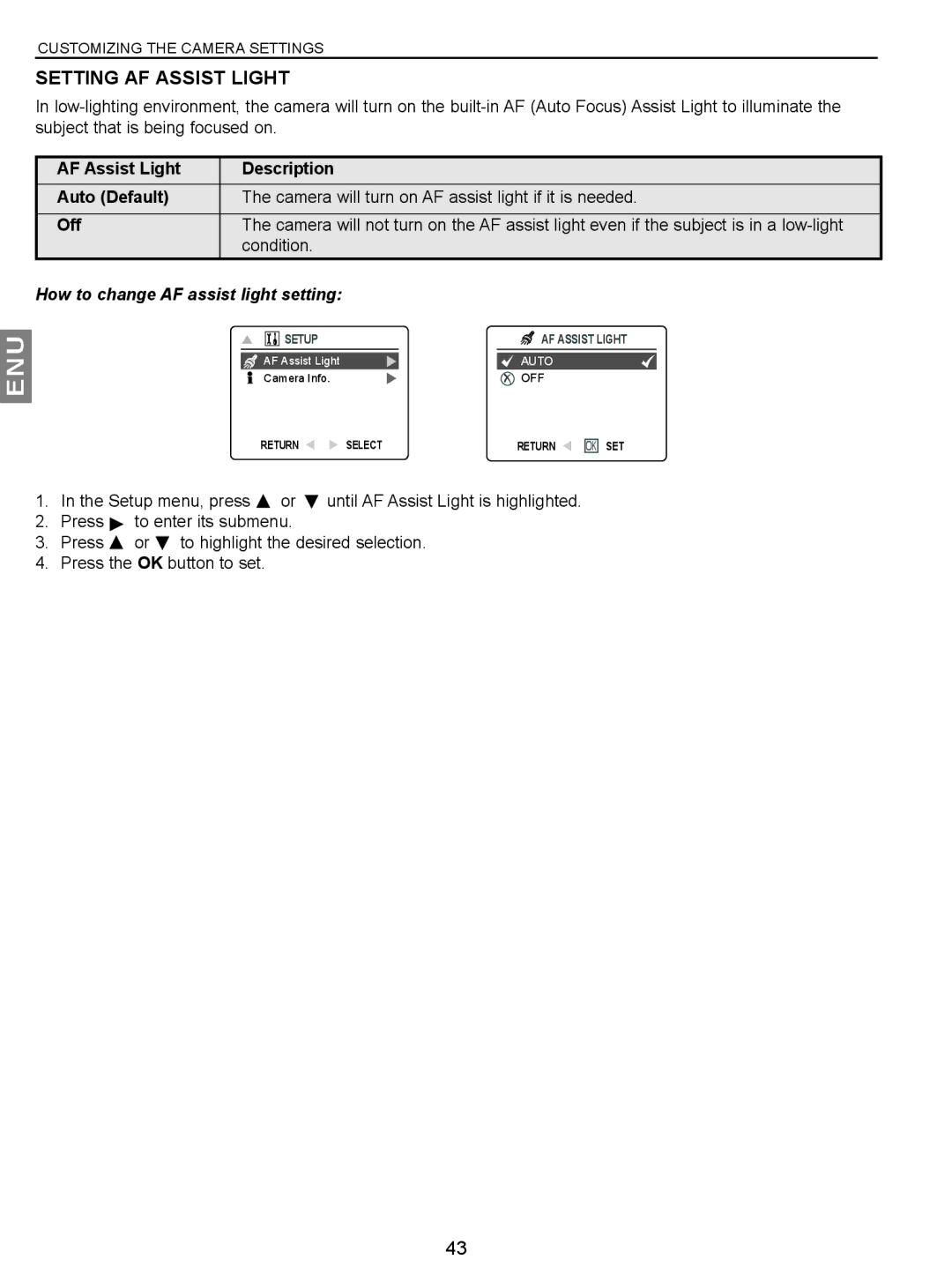 Concord Camera JD C3.1z3 manual Setting AF Assist Light, Condition, How to change AF assist light setting 