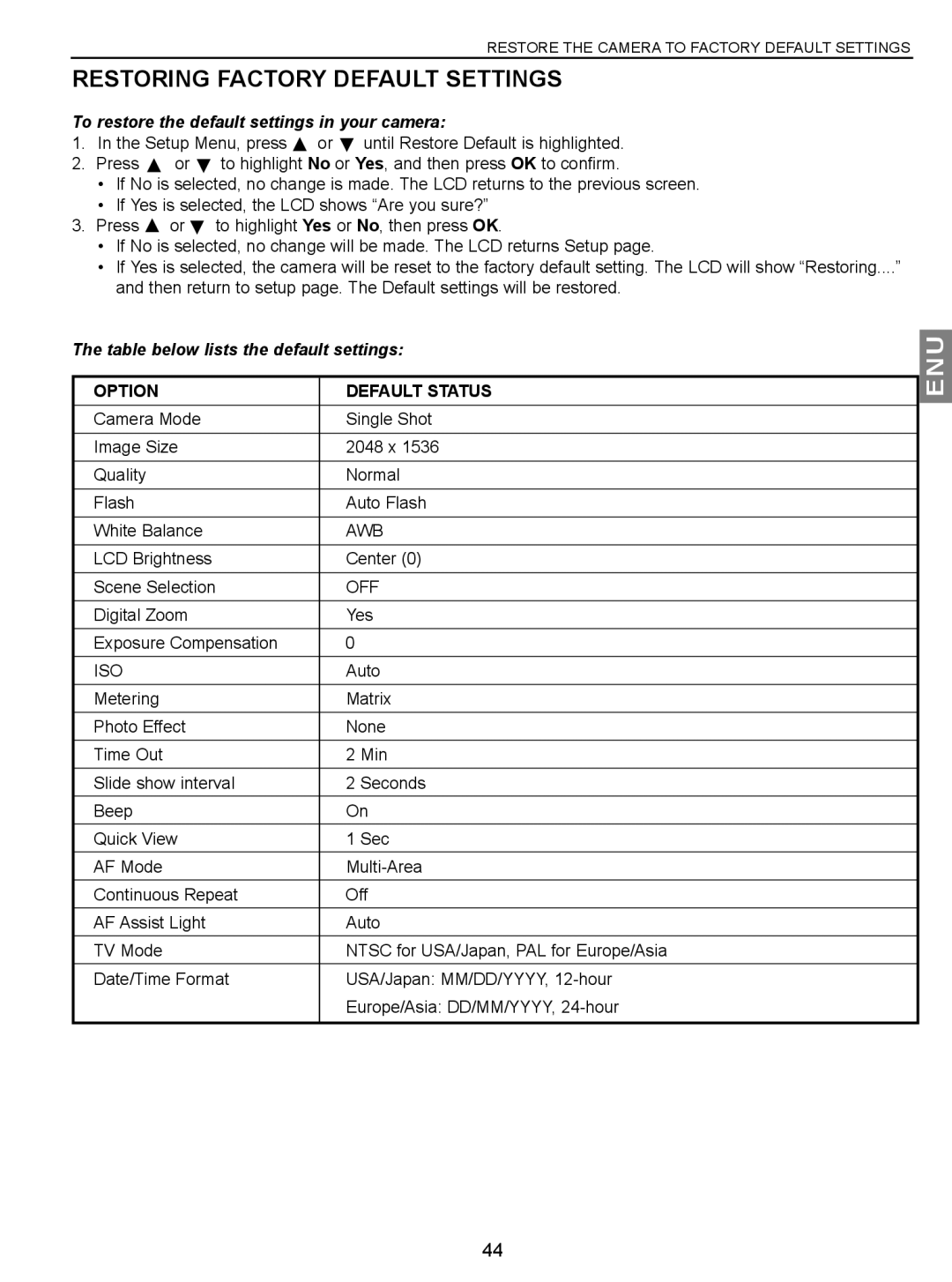 Concord Camera JD C3.1z3 manual Restoring Factory Default Settings, To restore the default settings in your camera 