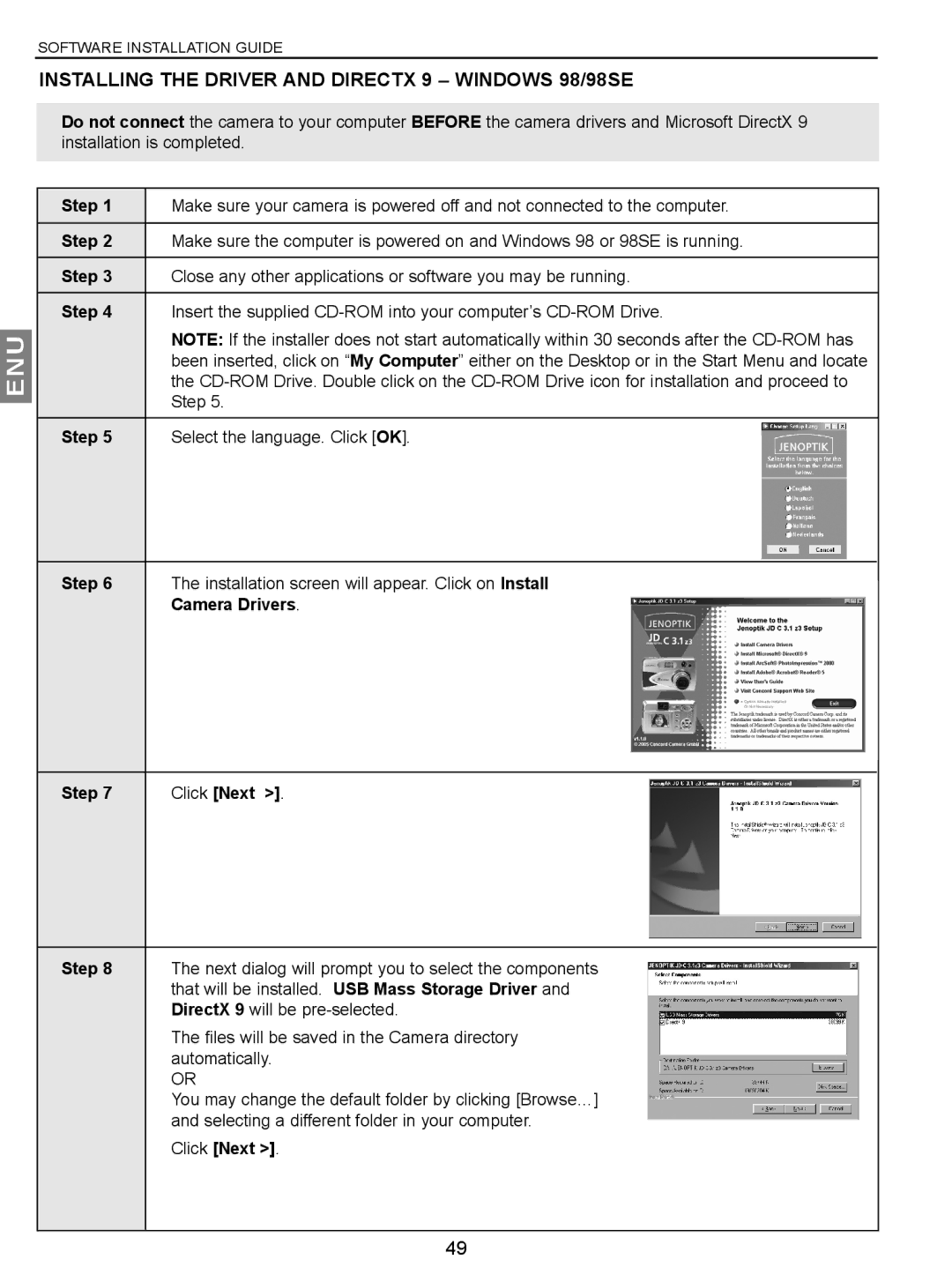 Concord Camera JD C3.1z3 manual Installing the Driver and Directx 9 Windows 98/98SE, Step, Camera Drivers, Click Next 