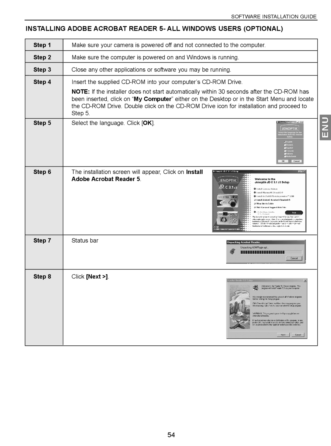 Concord Camera JD C3.1z3 manual Adobe Acrobat Reader, Step Status bar Click Next 