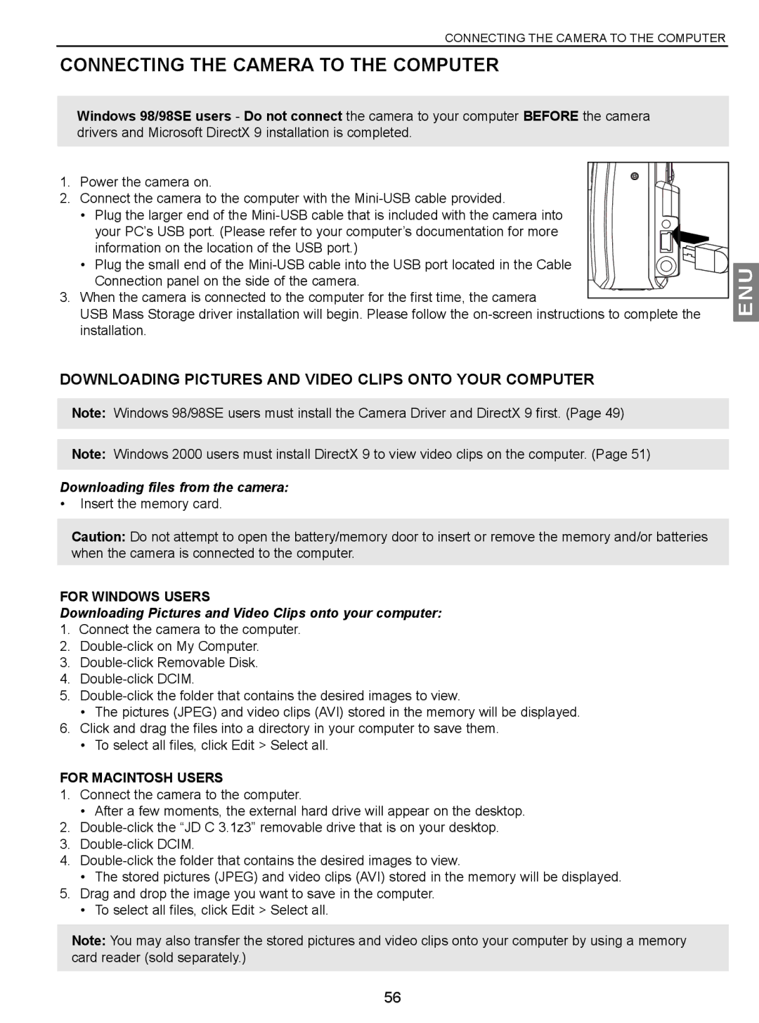 Concord Camera JD C3.1z3 Connecting the Camera to the Computer, Downloading Pictures and Video Clips Onto Your Computer 