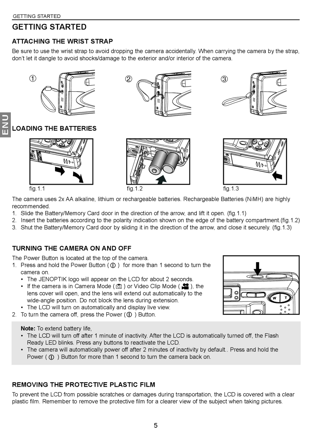 Concord Camera JD C3.1z3 Getting Started, Attaching the Wrist Strap, Loading the Batteries, Turning the Camera on and OFF 