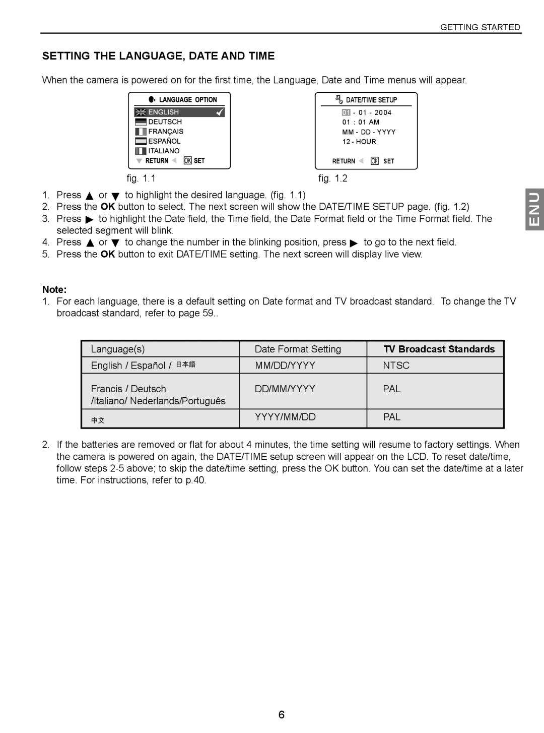 Concord Camera JD C3.1z3 manual Setting the LANGUAGE, Date and Time, TV Broadcast Standards 