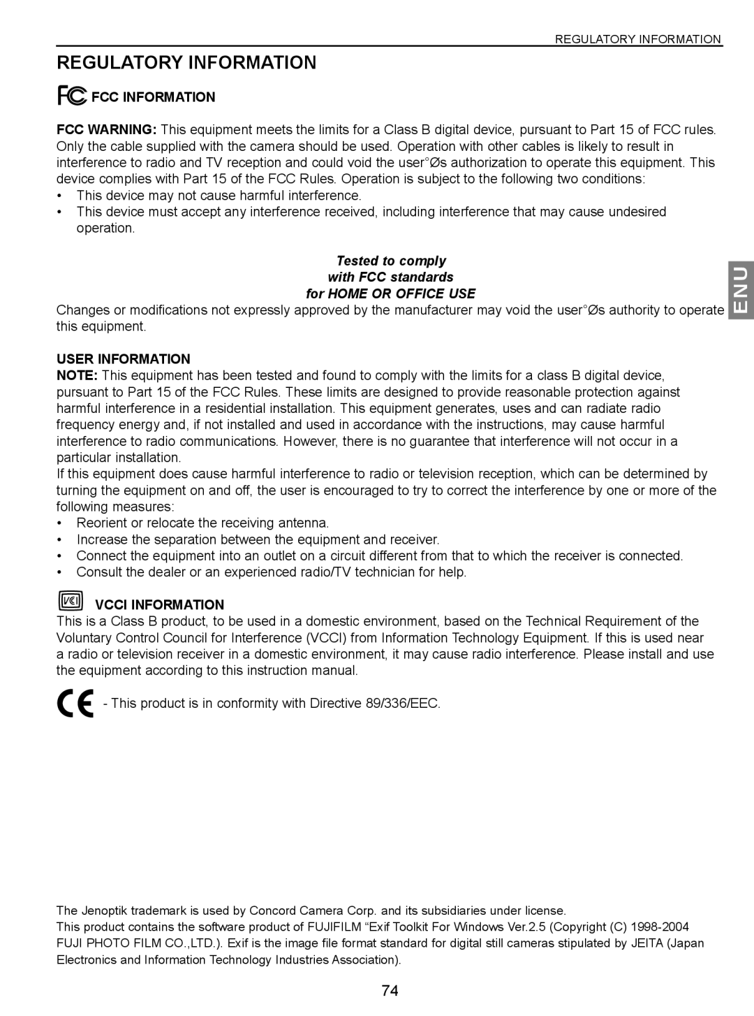 Concord Camera JD C3.1z3 manual Regulatory Information, FCC Information, User Information, Vcci Information 