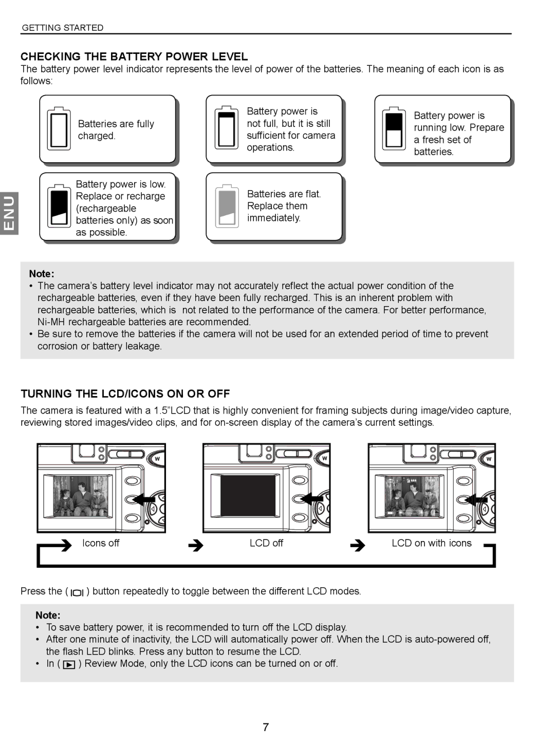 Concord Camera JD C3.1z3 manual Checking the Battery Power Level, Turning the LCD/ICONS on or OFF 