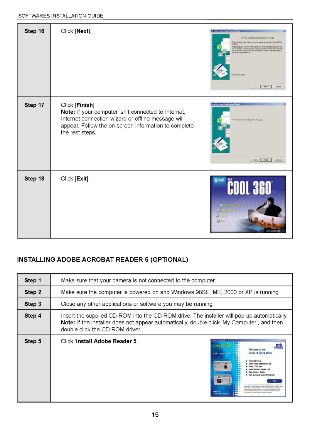 Concord Camera VGA manual Installing Adobe Acrobat Reader 5 Optional, Click Exit, Step Click ‘Install Adobe Reader 5’ 