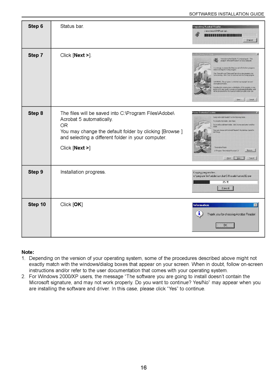 Concord Camera VGA Step Status bar Click Next, Acrobat 5 automatically, Selecting a different folder in your computer 